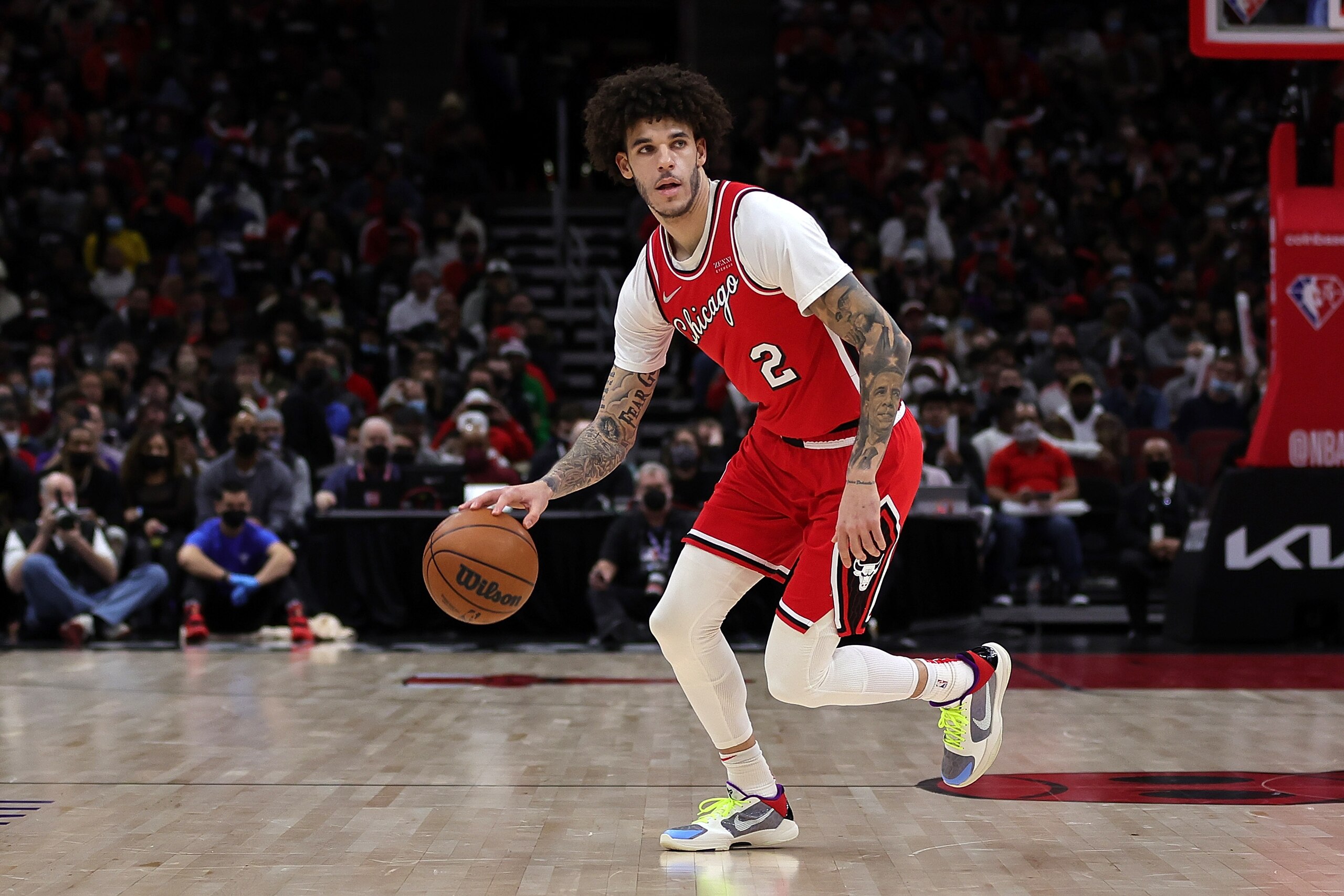 CHICAGO, ILLINOIS - JANUARY 12: Lonzo Ball #2 of the Chicago Bulls walks backcourt during a game against the Brooklyn Nets at United Center on January 12, 2022 in Chicago, Illinois. NOTE TO USER: User expressly acknowledges and agrees that, by downloading and or using this photograph, User is consenting to the terms and conditions of the Getty Images License Agreement. (Photo by Stacy Revere/Getty Images) CHICAGO, ILLINOIS - JANUARY 12: Lonzo Ball #2 of the Chicago Bulls walks backcourt during a game against the Brooklyn Nets at United Center on January 12, 2022 in Chicago, Illinois. NOTE TO USER: User expressly acknowledges and agrees that, by downloading and or using this photograph, User is consenting to the terms and conditions of the Getty Images License Agreement. (Photo by Stacy Revere/Getty Images)