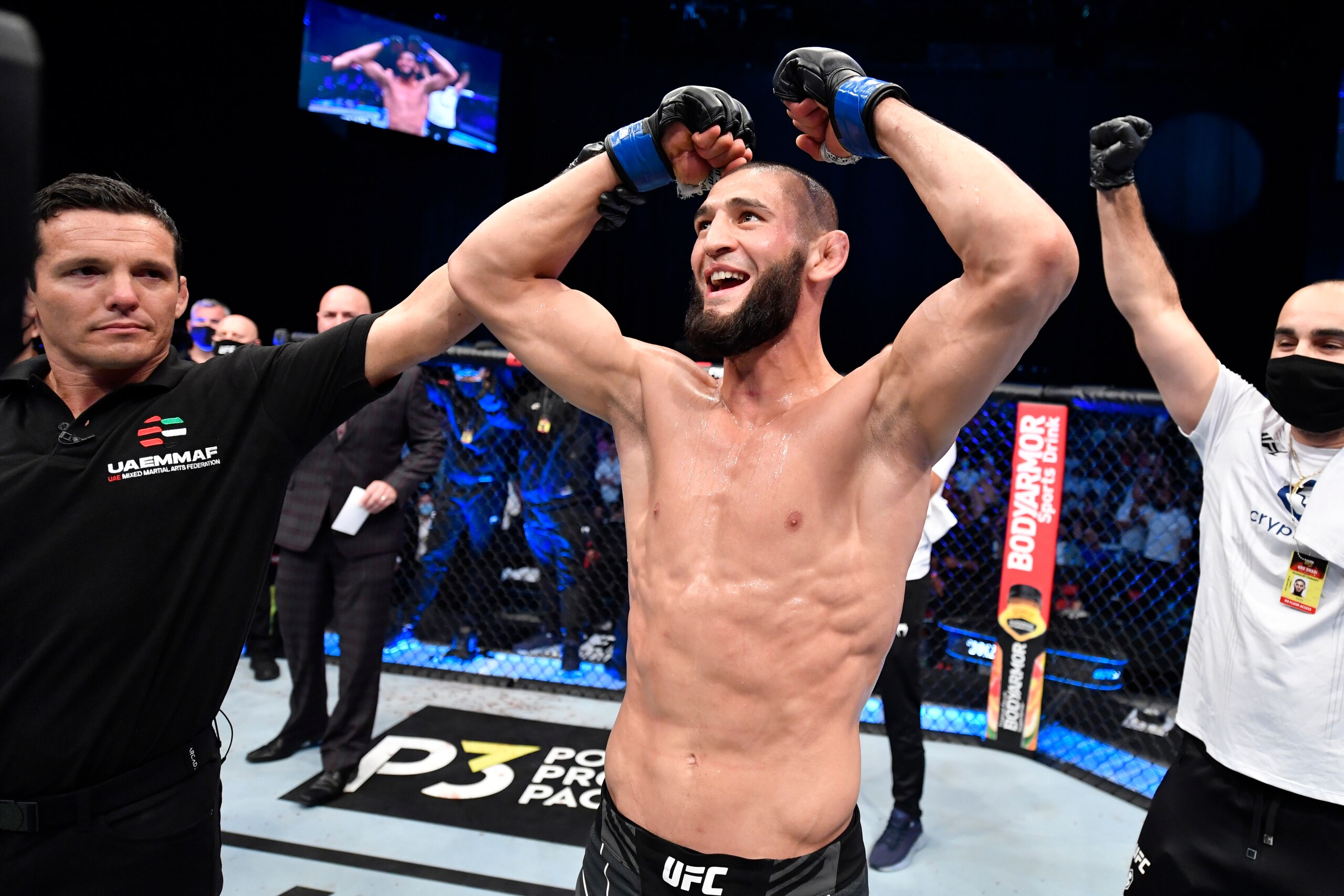 ABU DHABI, UNITED ARAB EMIRATES - OCTOBER 30: Khamzat Chimaev of Sweden reacts after his victory over Li Jingliang of China in a welterweight fight during the UFC 267 event at Etihad Arena on October 30, 2021 in Yas Island, Abu Dhabi, United Arab Emirates. (Photo by Chris Unger/Zuffa LLC)
