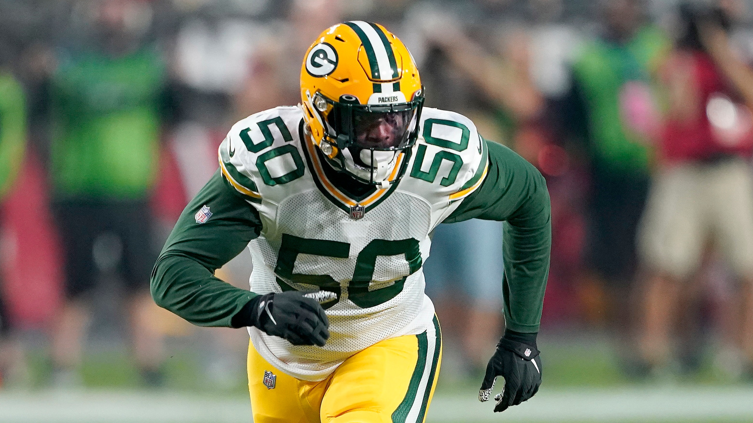 Green Bay Packers linebacker Whitney Mercilus (50) during their game against the Arizona Cardinals in the first half of an NFL football game Thursday, Oct. 28, 2021, in Glendale, Ariz. (AP Photo/Darryl Webb)