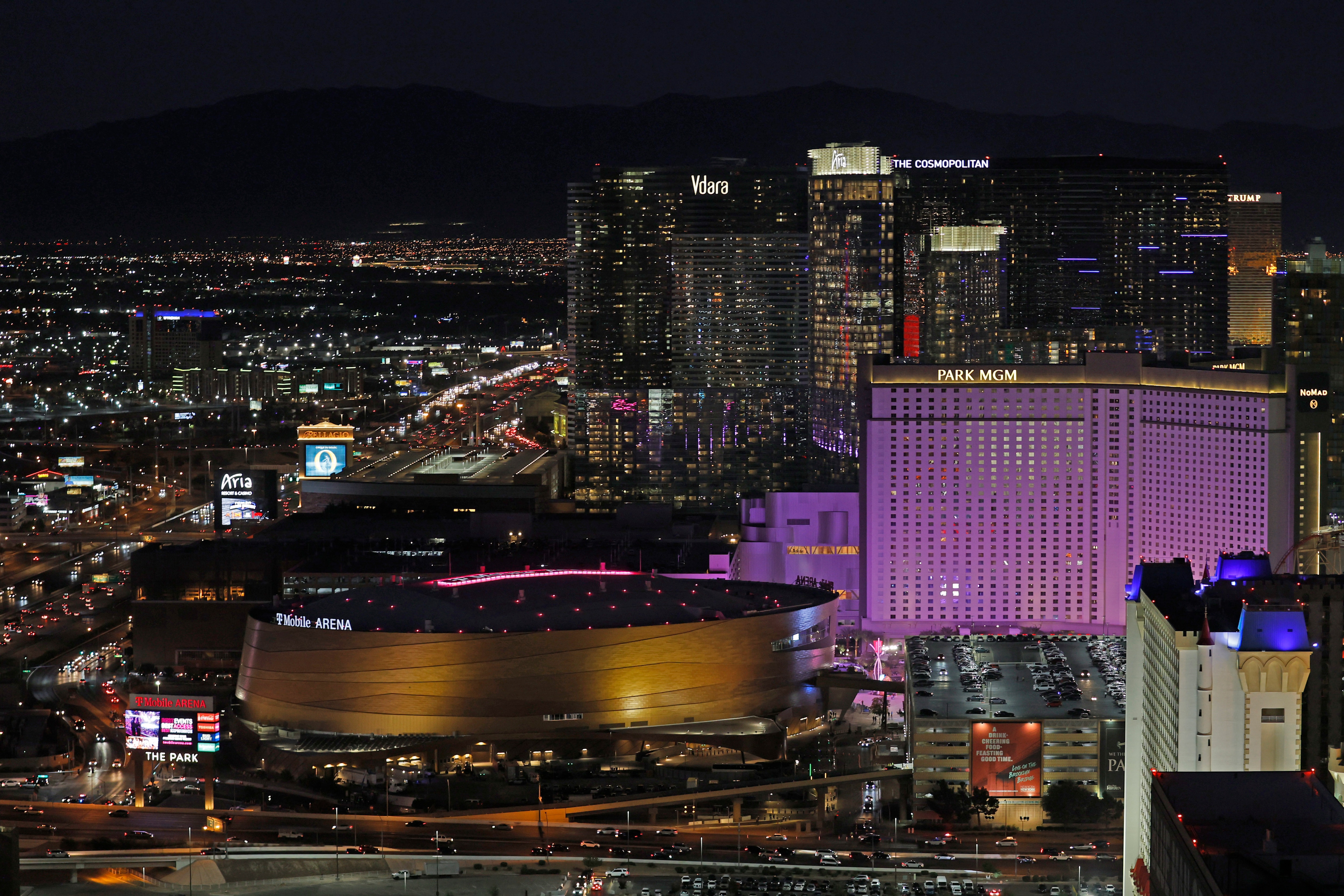 Las Vegas, NV - NOVEMBER 21: A wide angle generic view of T-Mobile Arena and the Las Vegas strip skyline taken before the Michigan Wolverines play against the Arizona Wildcats during the championship game of the Roman Main Event at T-Mobile Arena on November 21st, 2021 in Las Vegas, Nevada. (Photo by Brian Spurlock/Icon Sportswire via Getty Images)