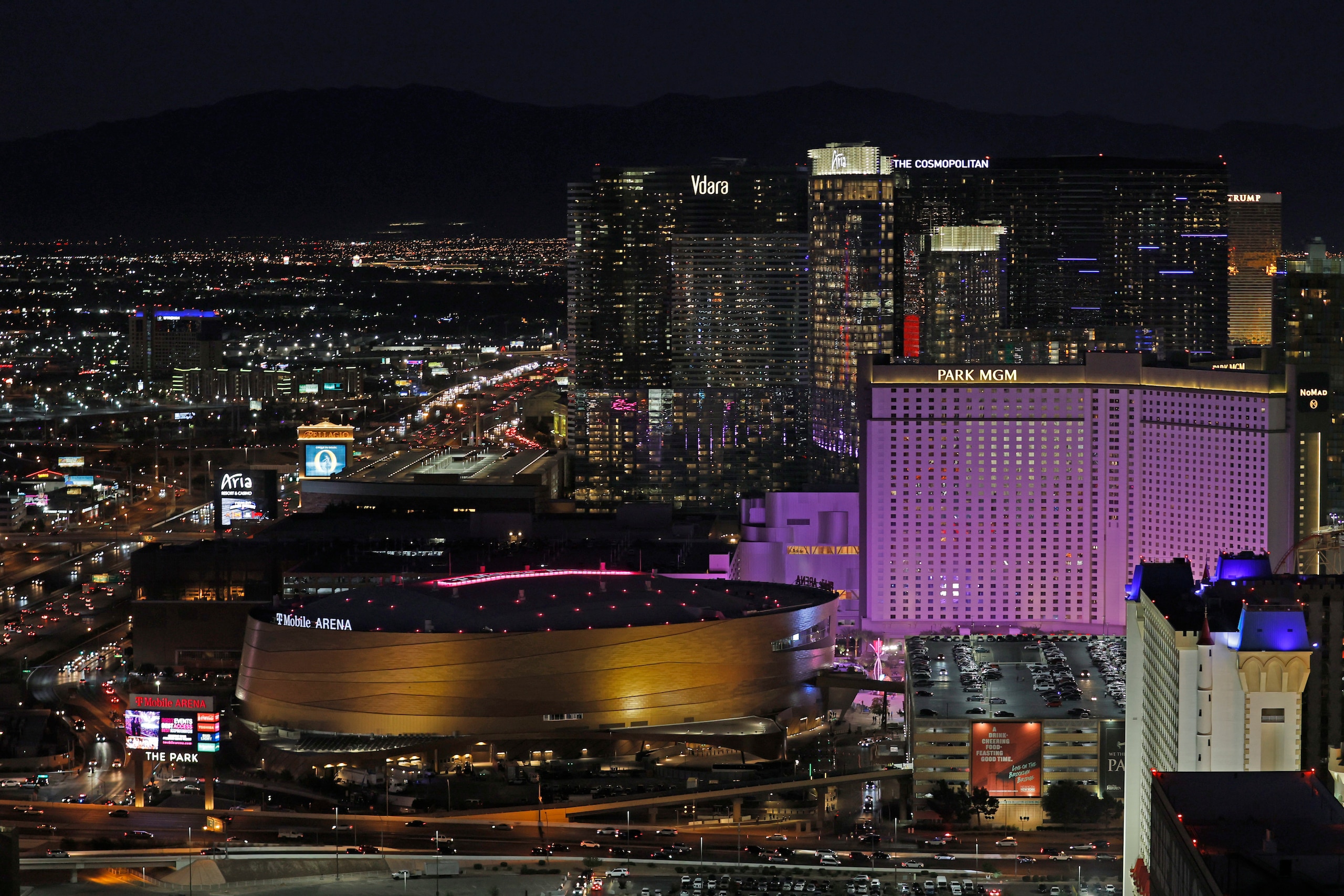 Las Vegas, NV - NOVEMBER 21: A wide angle generic view of T-Mobile Arena and the Las Vegas strip skyline taken before the Michigan Wolverines play against the Arizona Wildcats during the championship game of the Roman Main Event at T-Mobile Arena on November 21st, 2021 in Las Vegas, Nevada. (Photo by Brian Spurlock/Icon Sportswire via Getty Images)