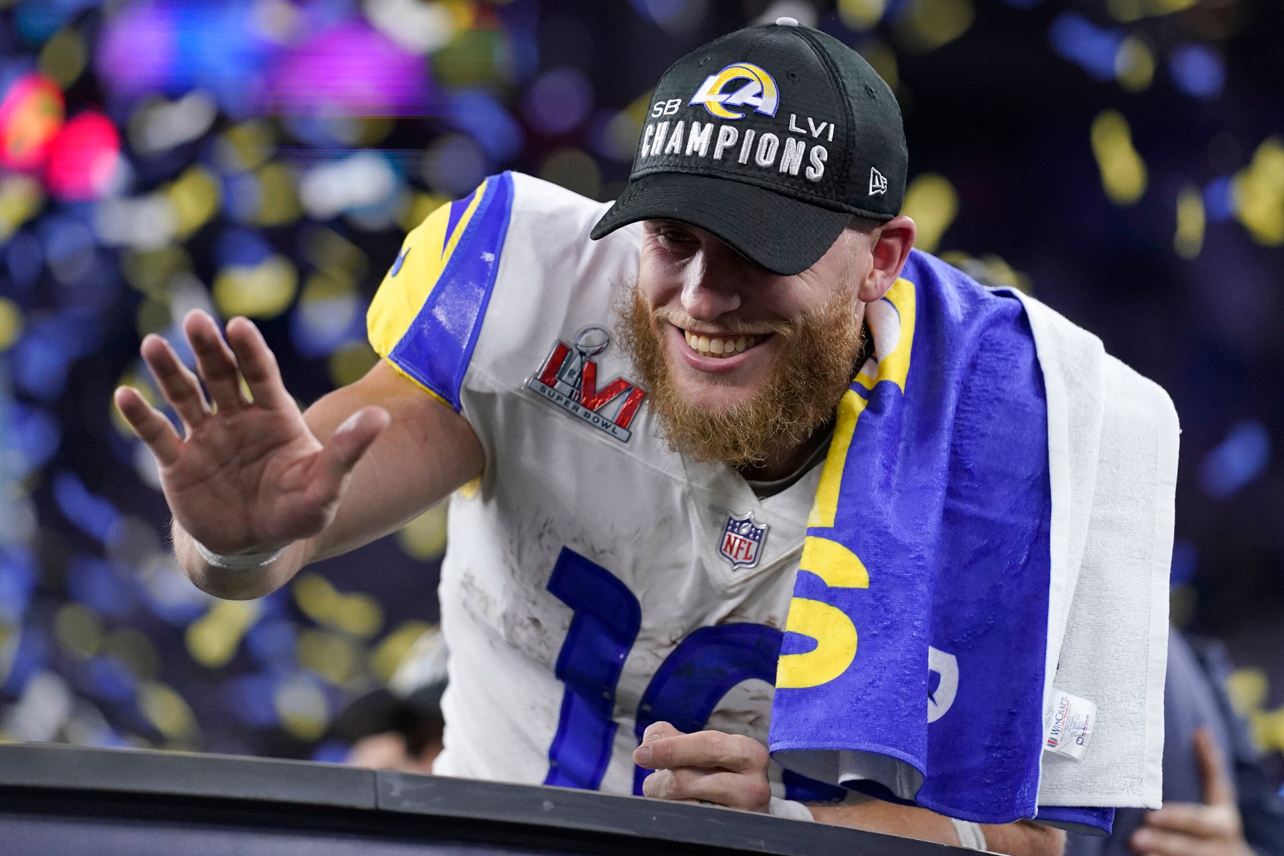 Los Angeles Rams wide receiver Cooper Kupp waves after the Rams defeated the Cincinnati Bengals in the NFL Super Bowl 56 football game Sunday, Feb. 13, 2022, in Inglewood, Calif. (AP Photo/Mark J. Terrill)