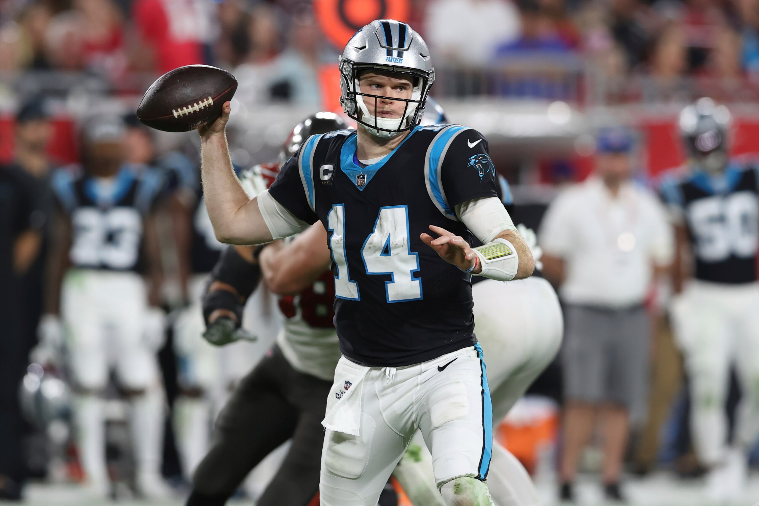 Carolina Panthers quarterback Sam Darnold (14) throws a pass against the Tampa Bay Buccaneers during the second half of an NFL football game Sunday, Jan. 9, 2022, in Tampa, Fla. (AP Photo/Mark LoMoglio)