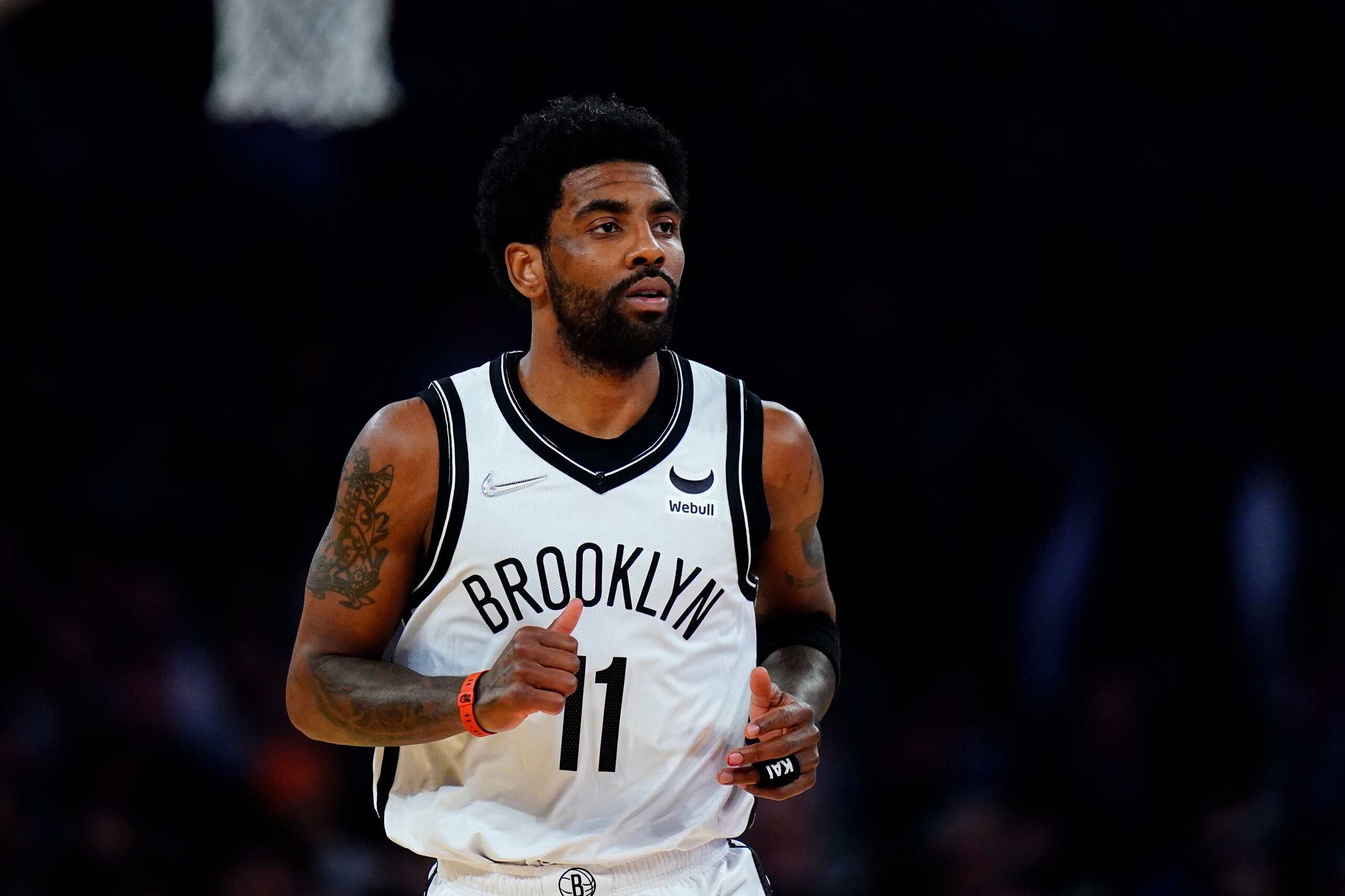 Brooklyn Nets' Kyrie Irving (11) during the first half of an NBA basketball game against the New York Knicks Wednesday, April 6, 2022, in New York. (AP Photo/Frank Franklin II)