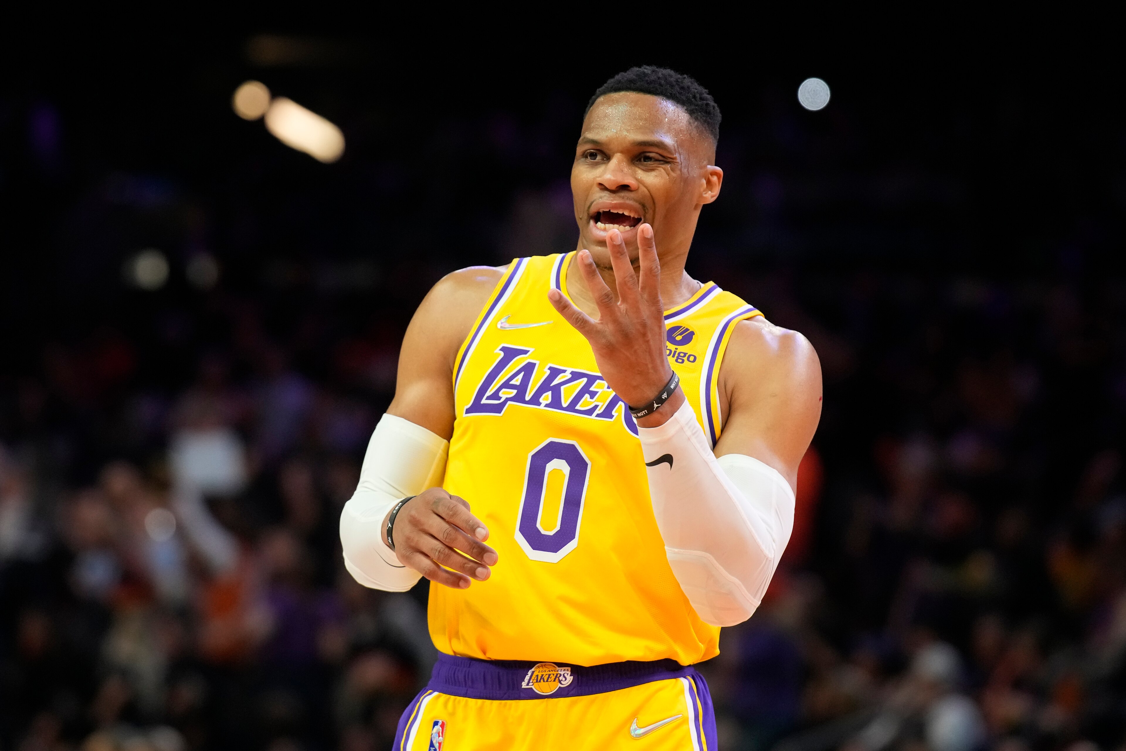 Los Angeles Lakers guard Russell Westbrook (0) during the first half of an NBA basketball game against the Phoenix Suns, Tuesday, April 5, 2022, in Phoenix. (AP Photo/Rick Scuteri)