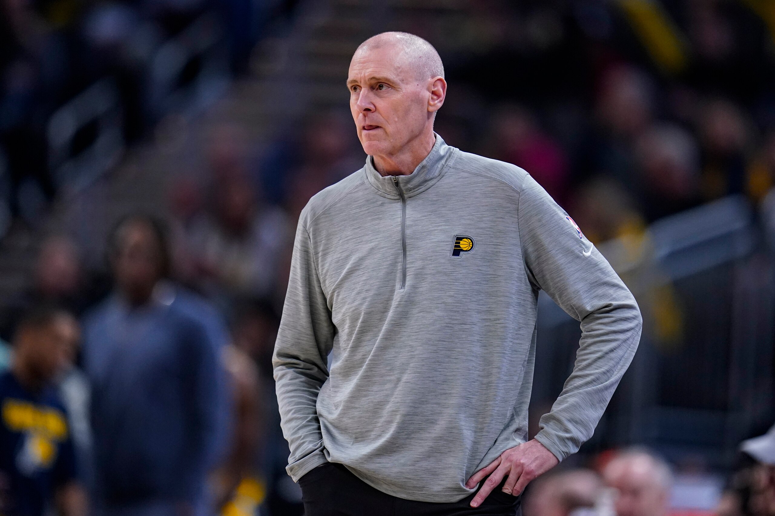 Indiana Pacers head coach Rick Carlisle during the second half of an NBA basketball game against the Detroit Pistons in Indianapolis, Sunday, April 3, 2022. The Pistons defeated the Pacers 121-117(AP Photo/Michael Conroy)