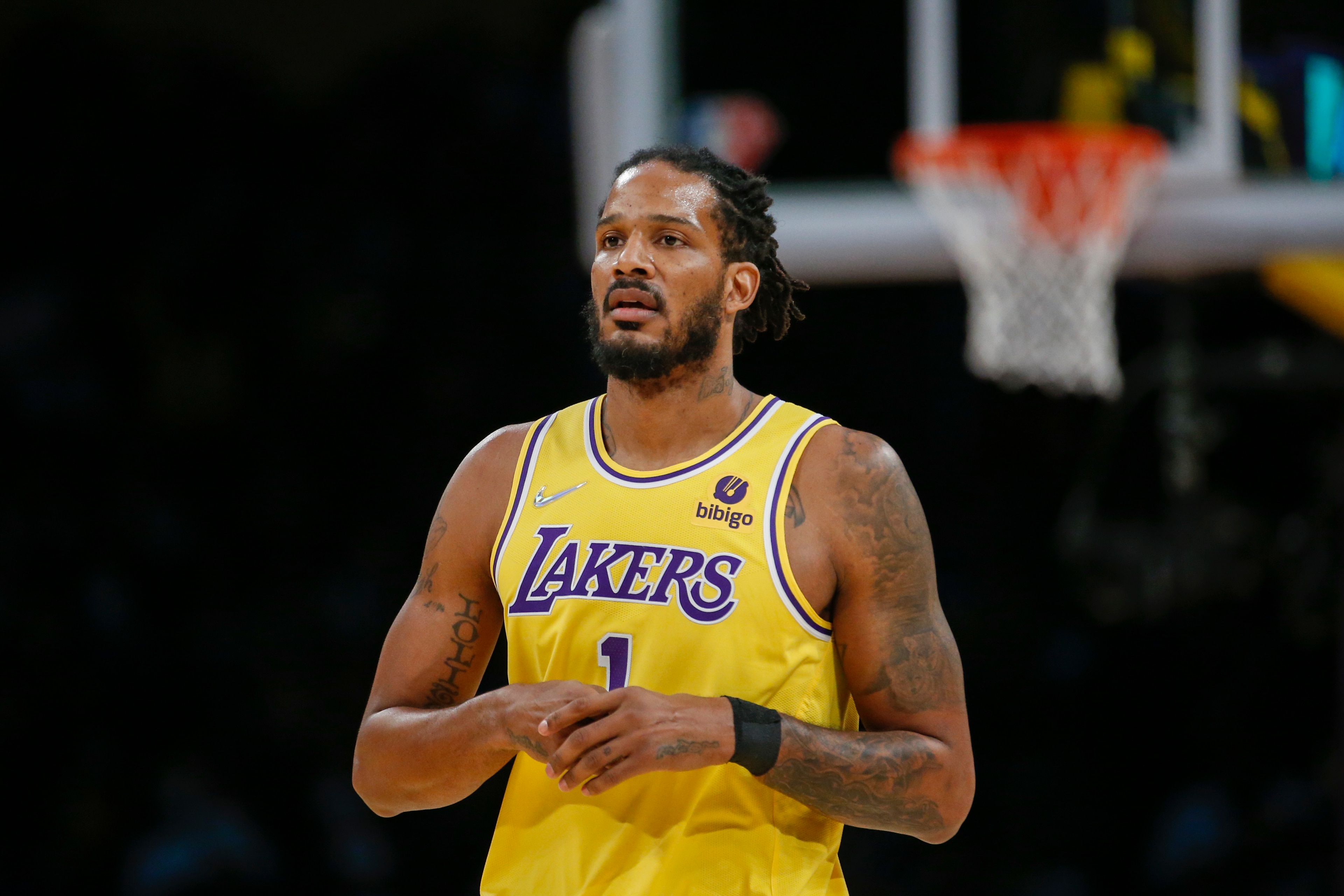 Los Angeles Lakers forward Trevor Ariza (1) during the first half of an NBA basketball game against the Utah Jazz in Los Angeles, Monday, Jan. 17, 2022. (AP Photo/Ringo H.W. Chiu)