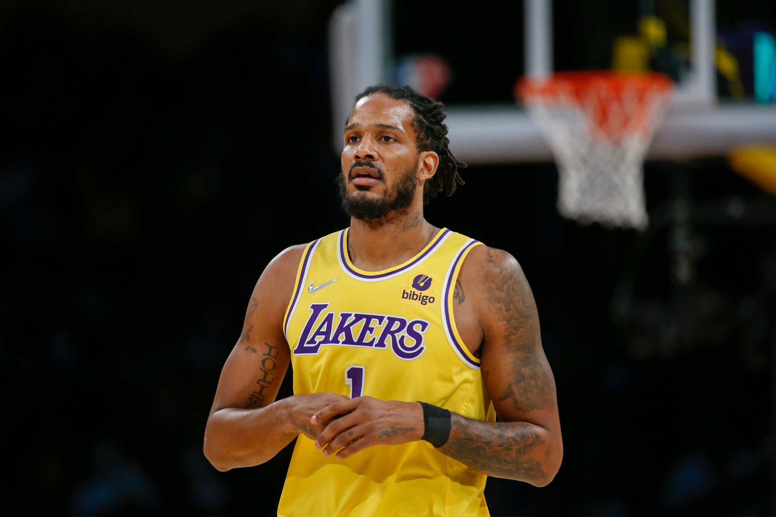 Los Angeles Lakers forward Trevor Ariza (1) during the first half of an NBA basketball game against the Utah Jazz in Los Angeles, Monday, Jan. 17, 2022. (AP Photo/Ringo H.W. Chiu)