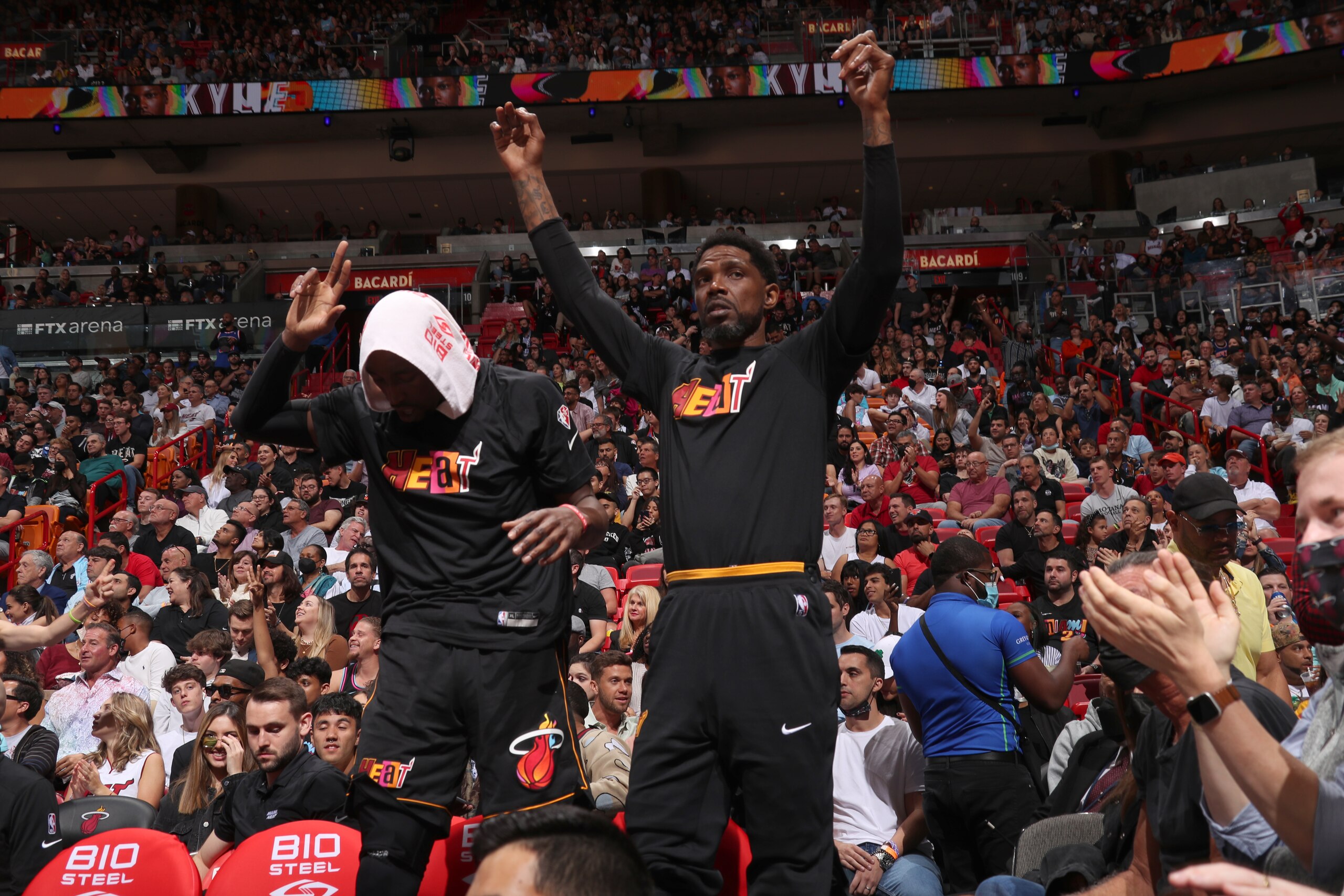 MIAMI, FL - MARCH 25: Bam Adebayo #13 and Udonis Haslem #40 of the Miami Heat celebrate a play during the game against the New York Knicks on March 25, 2022 at FTX Arena in Miami, Florida. NOTE TO USER: User expressly acknowledges and agrees that, by downloading and or using this Photograph, user is consenting to the terms and conditions of the Getty Images License Agreement. Mandatory Copyright Notice: Copyright 2022 NBAE (Photo by Issac Baldizon/NBAE via Getty Images)