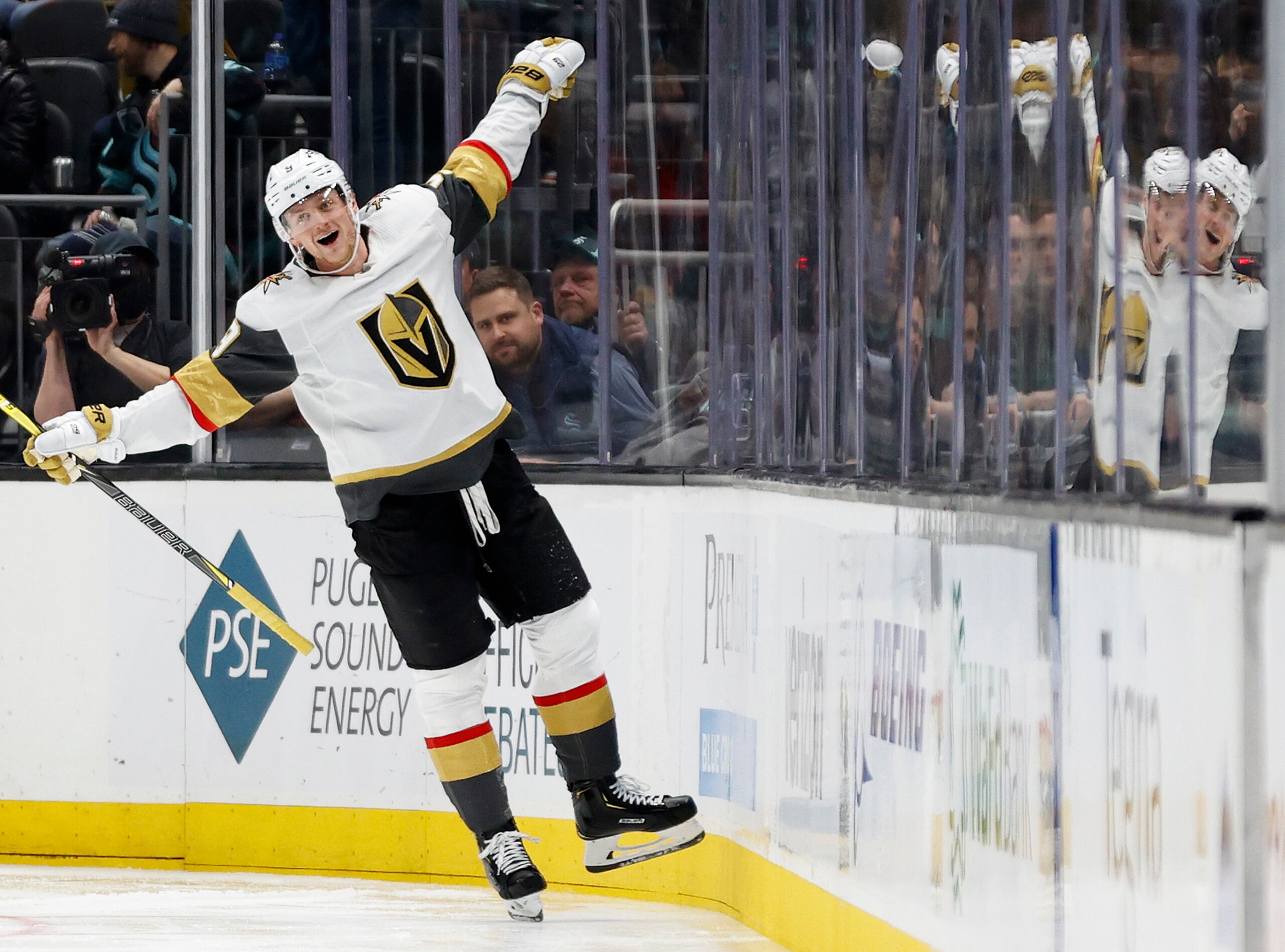 SEATTLE, WASHINGTON - APRIL 01: Jack Eichel #9 of the Vegas Golden Knights celebrates his goal during the second period against the Seattle Kraken at Climate Pledge Arena on April 01, 2022 in Seattle, Washington. (Photo by Steph Chambers/Getty Images)