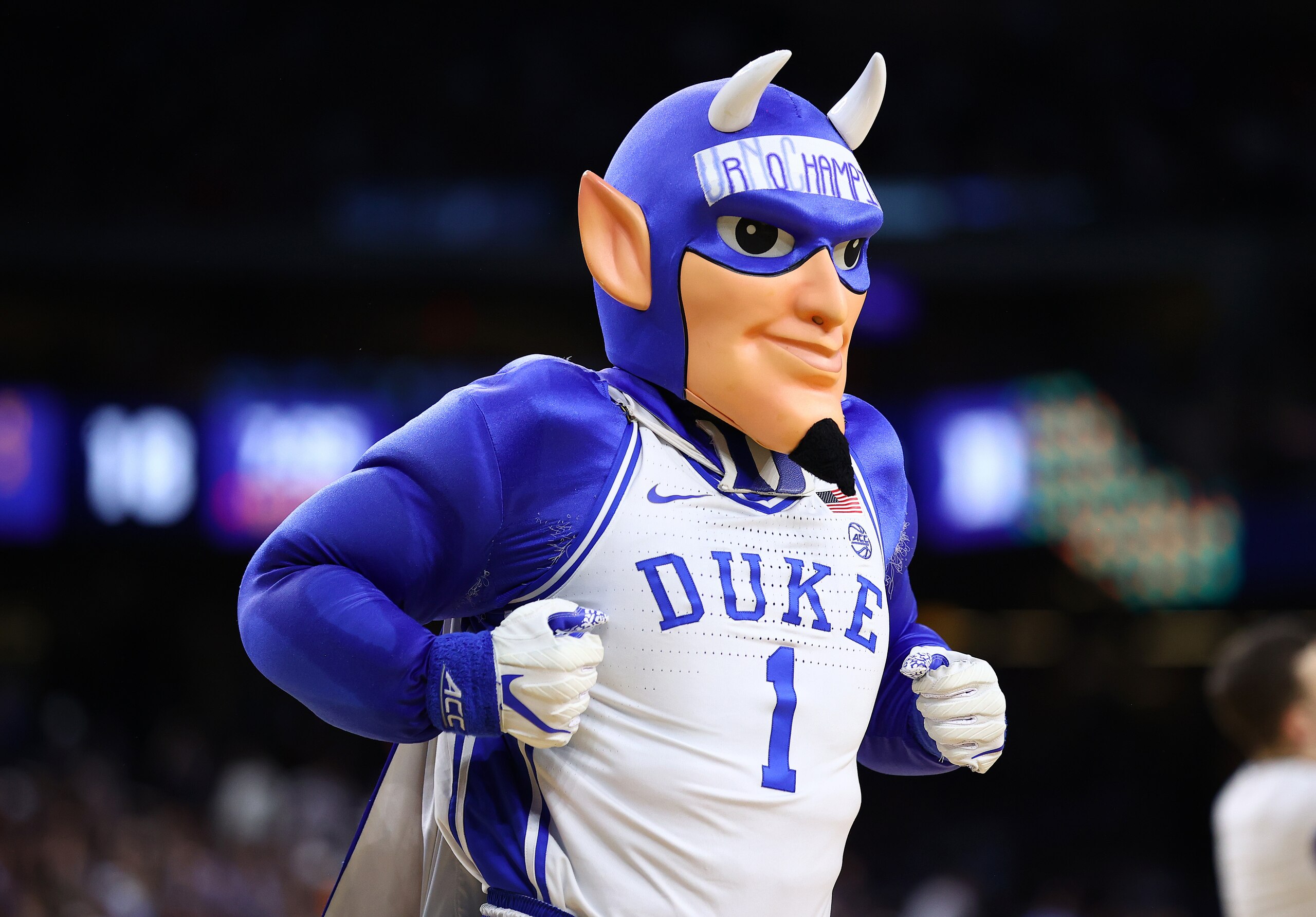NEW ORLEANS, LOUISIANA - APRIL 02: The Duke Blue Devils' mascot runs on the court as they take on the North Carolina Tar Heels during the first half in the semifinal game of the 2022 NCAA Men's Basketball Tournament Final Four at Caesars Superdome on April 02, 2022 in New Orleans, Louisiana. (Photo by Jamie Schwaberow/NCAA Photos via Getty Images)