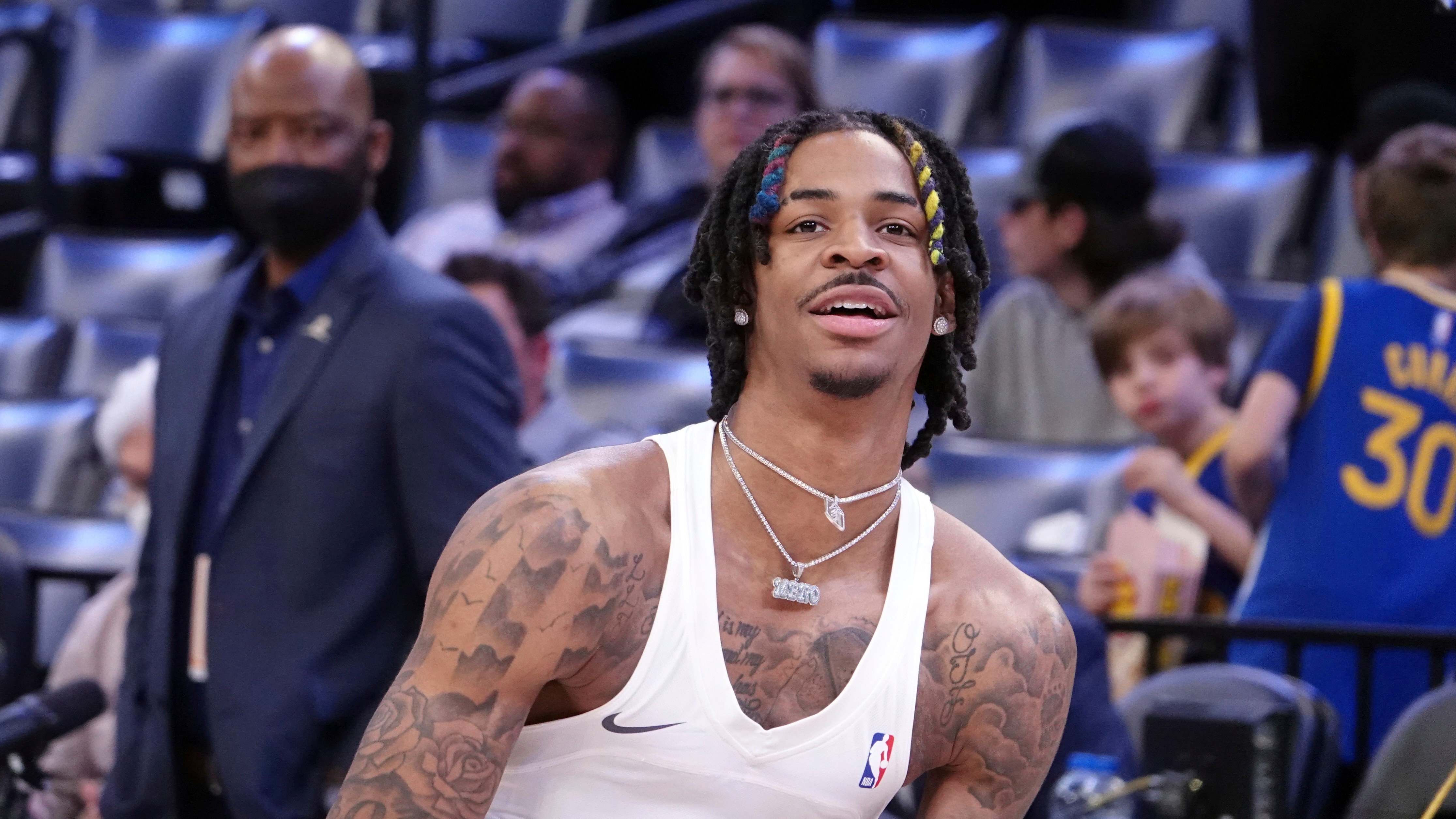 Memphis Grizzlies Ja Morant warms up before an NBA basketball game against Golden State Warriors Monday, March 28, 2022, in Memphis, Tenn. (AP Photo/Karen Pulfer Focht)