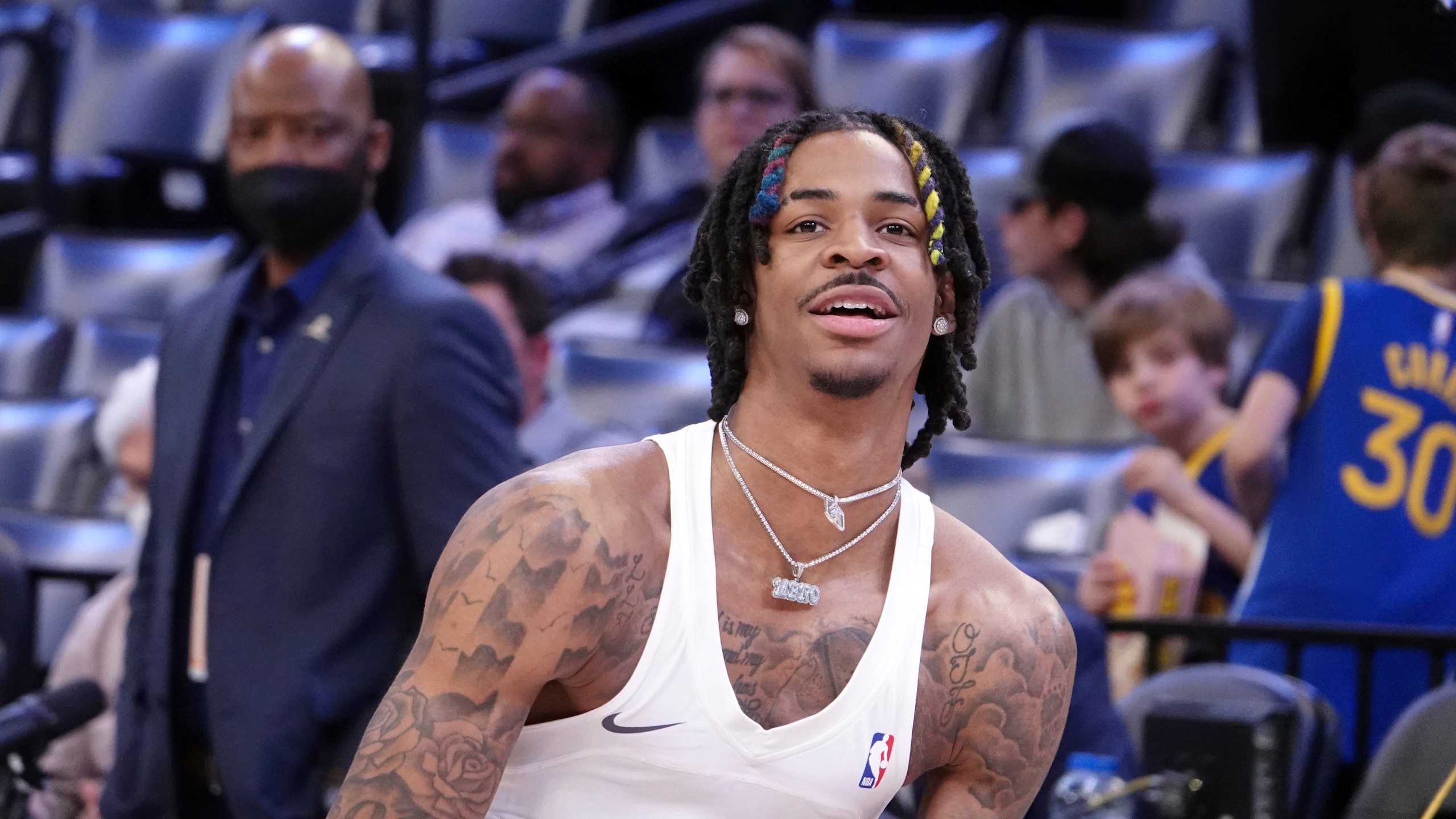 Memphis Grizzlies Ja Morant warms up before an NBA basketball game against Golden State Warriors Monday, March 28, 2022, in Memphis, Tenn. (AP Photo/Karen Pulfer Focht)