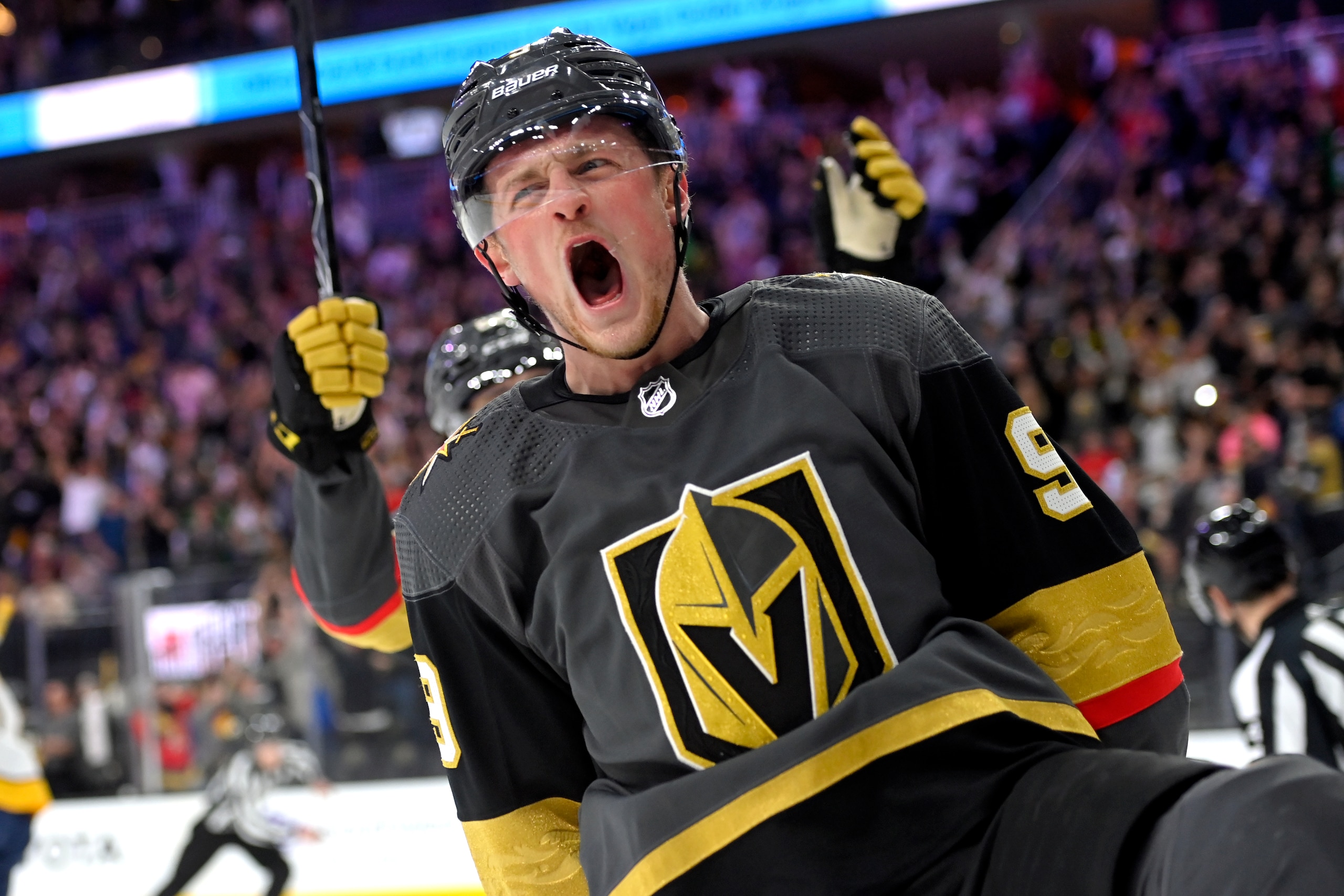 Vegas Golden Knights center Jack Eichel celebrates after power play goal against the Nashville Predators during the second period of an NHL hockey game Thursday, March 24, 2022, in Las Vegas. (AP Photo/David Becker)