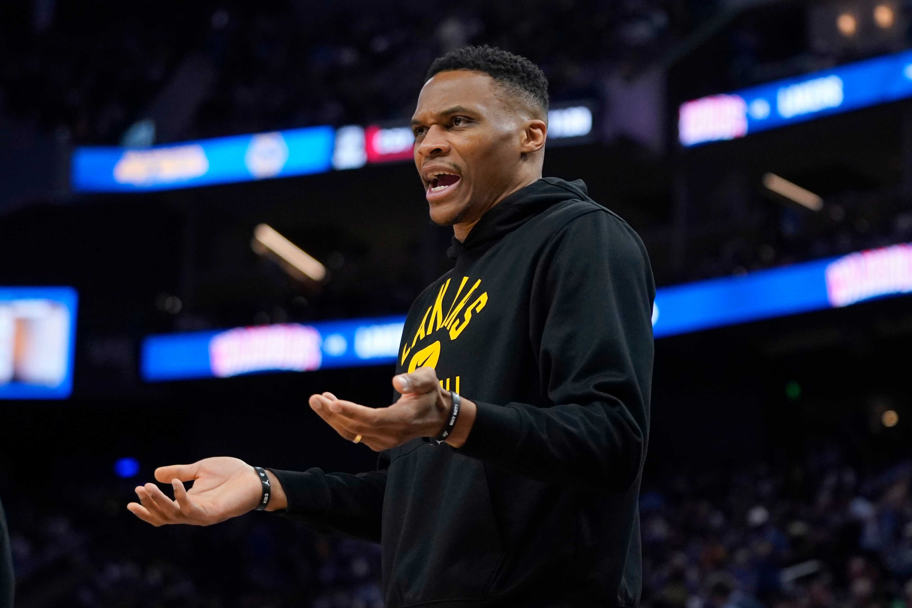 Los Angeles Lakers' Russell Westbrook gestures to officials during the first half of the team's NBA basketball game against the Golden State Warriors in San Francisco, Thursday, April 7, 2022. (AP Photo/Jeff Chiu)