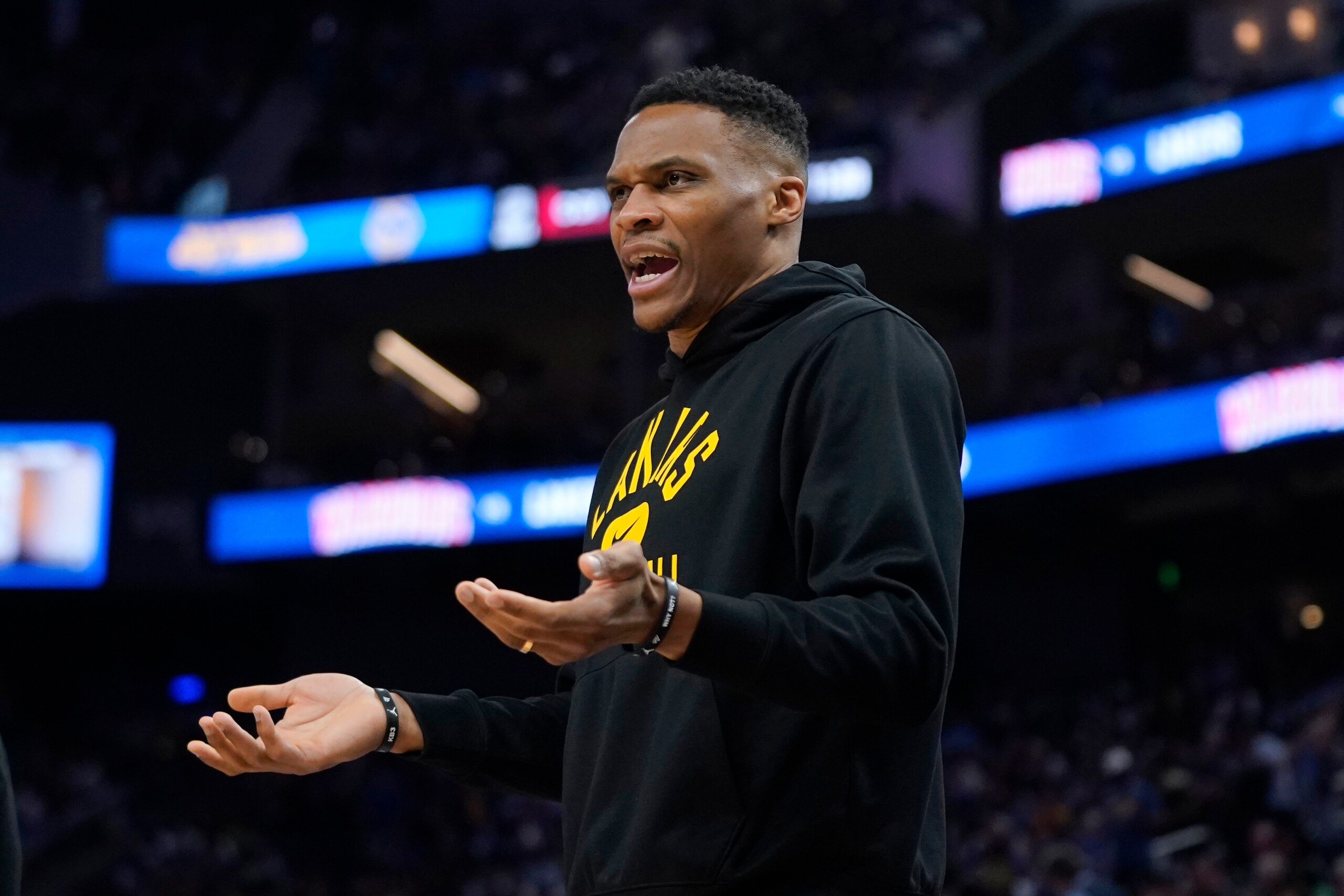 Los Angeles Lakers' Russell Westbrook gestures to officials during the first half of the team's NBA basketball game against the Golden State Warriors in San Francisco, Thursday, April 7, 2022. (AP Photo/Jeff Chiu)