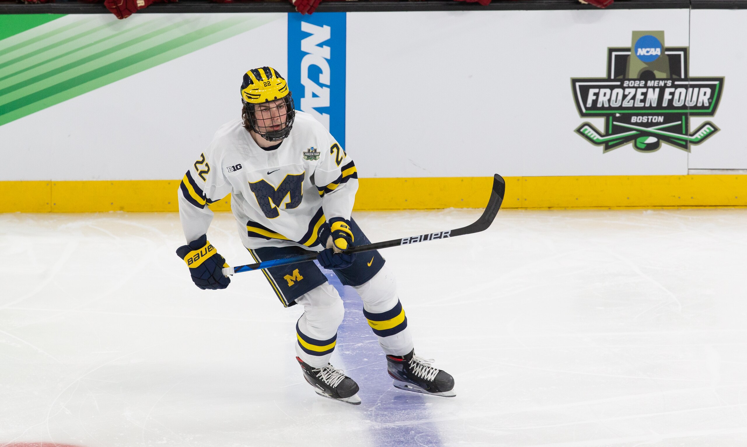 BOSTON, MA - APRIL 7: Owen Power #22 of the Michigan Wolverines skates against the Denver Pioneers during game one of the 2022 NCAA Division I Men's Hockey Frozen Four Championship semifinal at TD Garden on April 7, 2022 in Boston, Massachusetts. The Pioneers won 3-2 in overtime. (Photo by Richard T Gagnon/Getty Images)