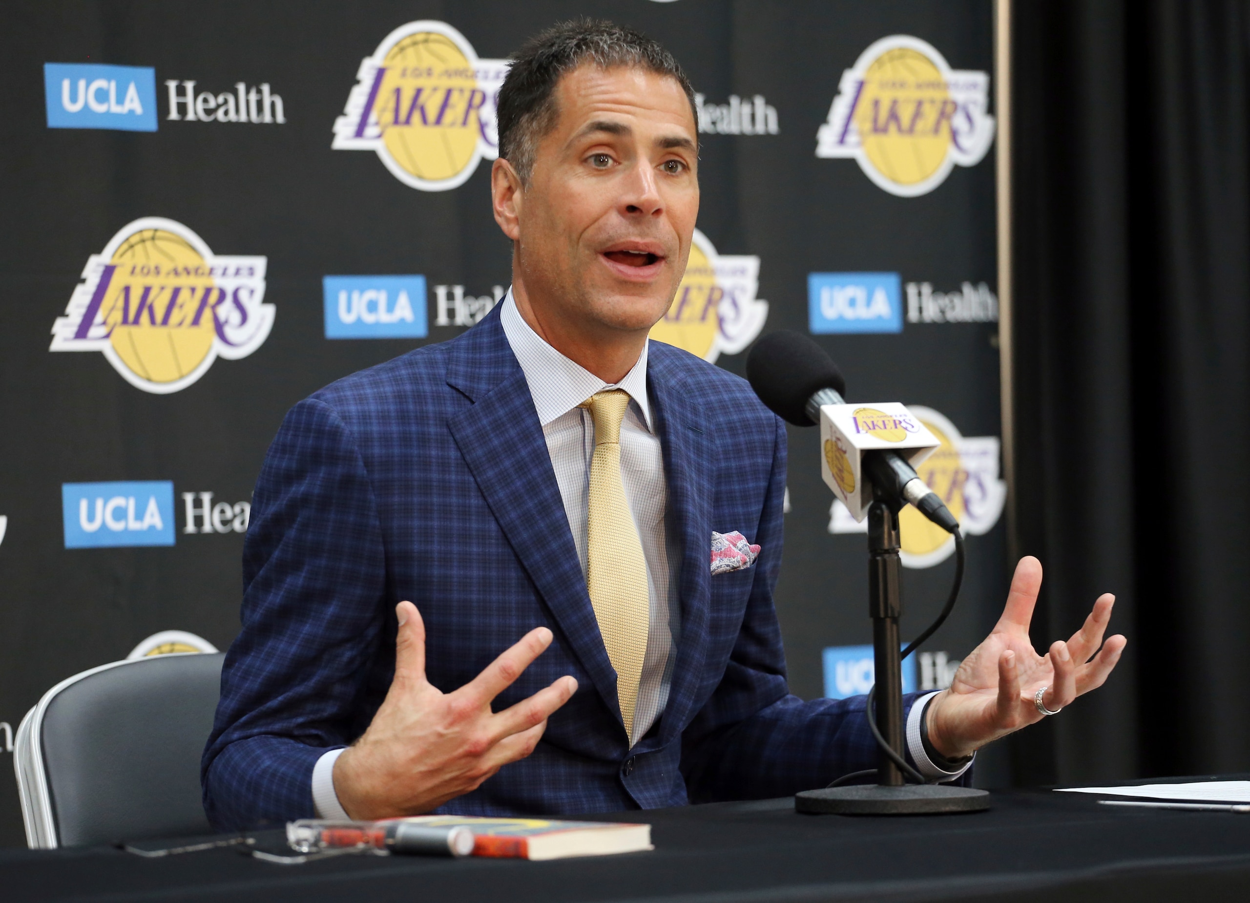 Los Angeles Lakers general manager Rob Pelinka talks about the acquisition of LeBron James and other free agents at a news conference at the NBA basketball team's headquarters in El Segundo, Calif., Wednesday, July 11, 2018. (AP Photo/Reed Saxon)