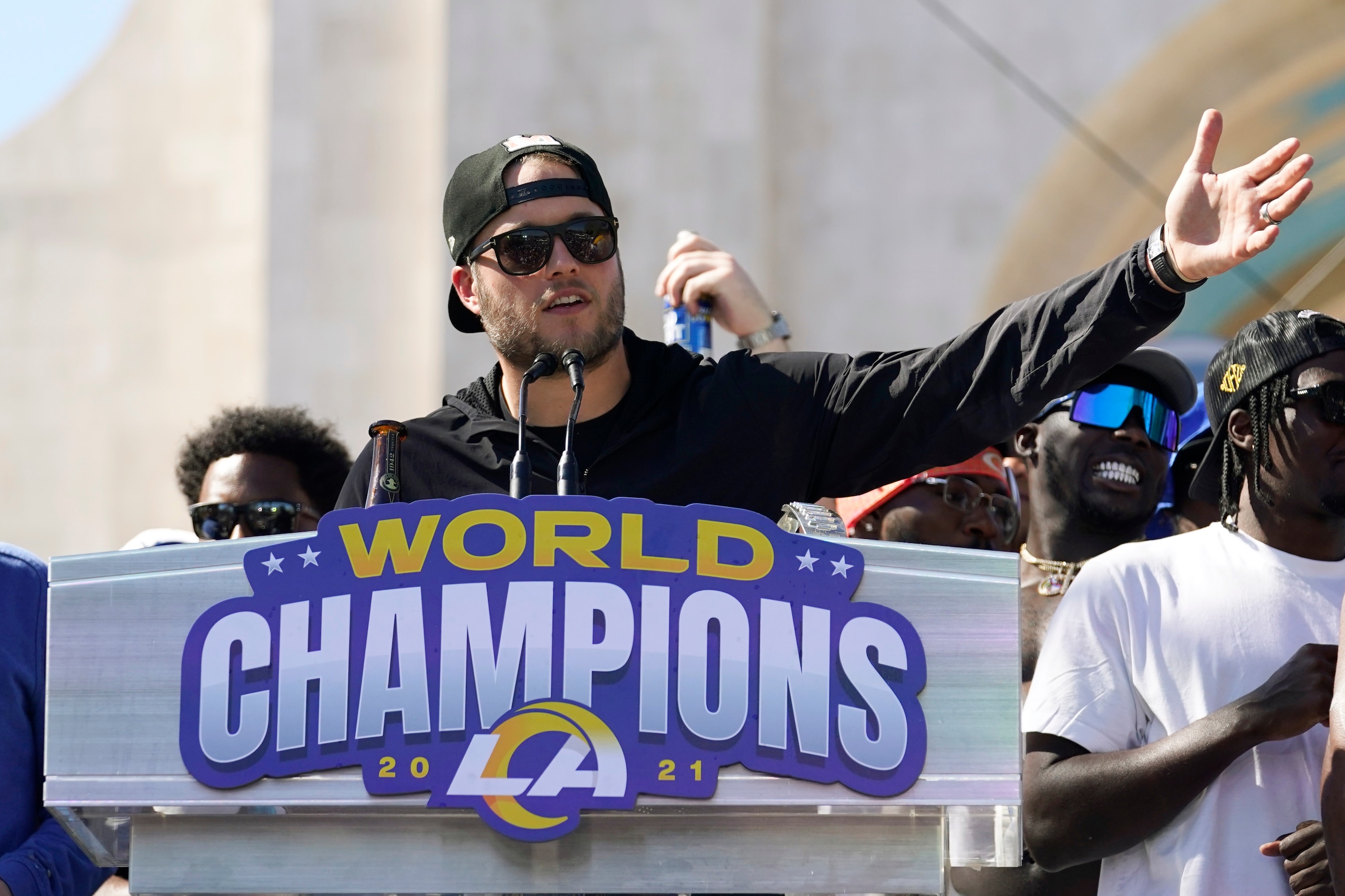 Los Angeles Rams quarterback Matthew Stafford speaks during the team's victory celebration and parade in Los Angeles, Wednesday, Feb. 16, 2022, following the Rams' win Sunday over the Cincinnati Bengals in the NFL Super Bowl 56 football game. (AP Photo/Marcio Jose Sanchez)