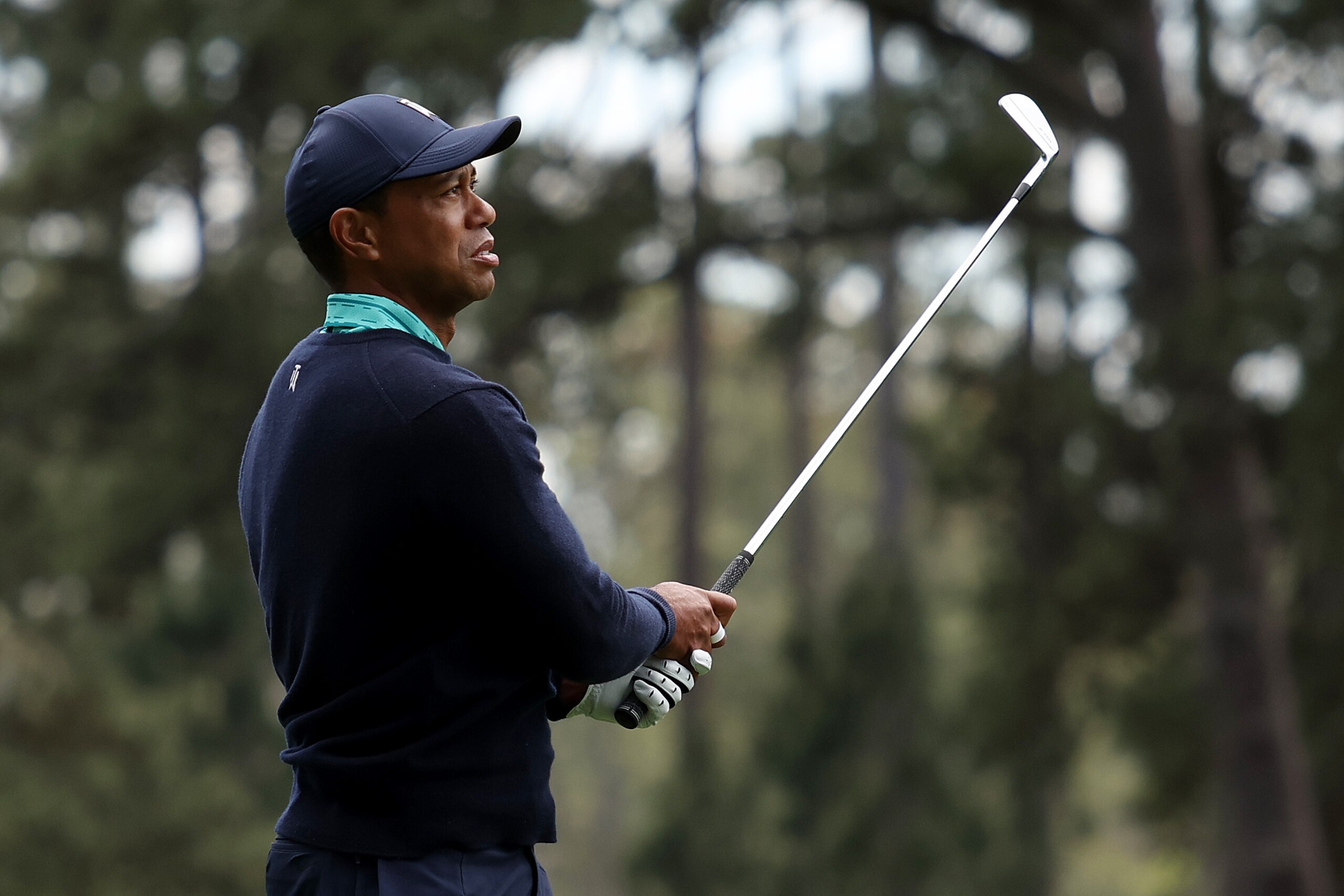 AUGUSTA, GEORGIA - APRIL 08: Tiger Woods follows his shot from the fourth tee during the second round of The Masters at Augusta National Golf Club on April 08, 2022 in Augusta, Georgia. (Photo by Gregory Shamus/Getty Images)