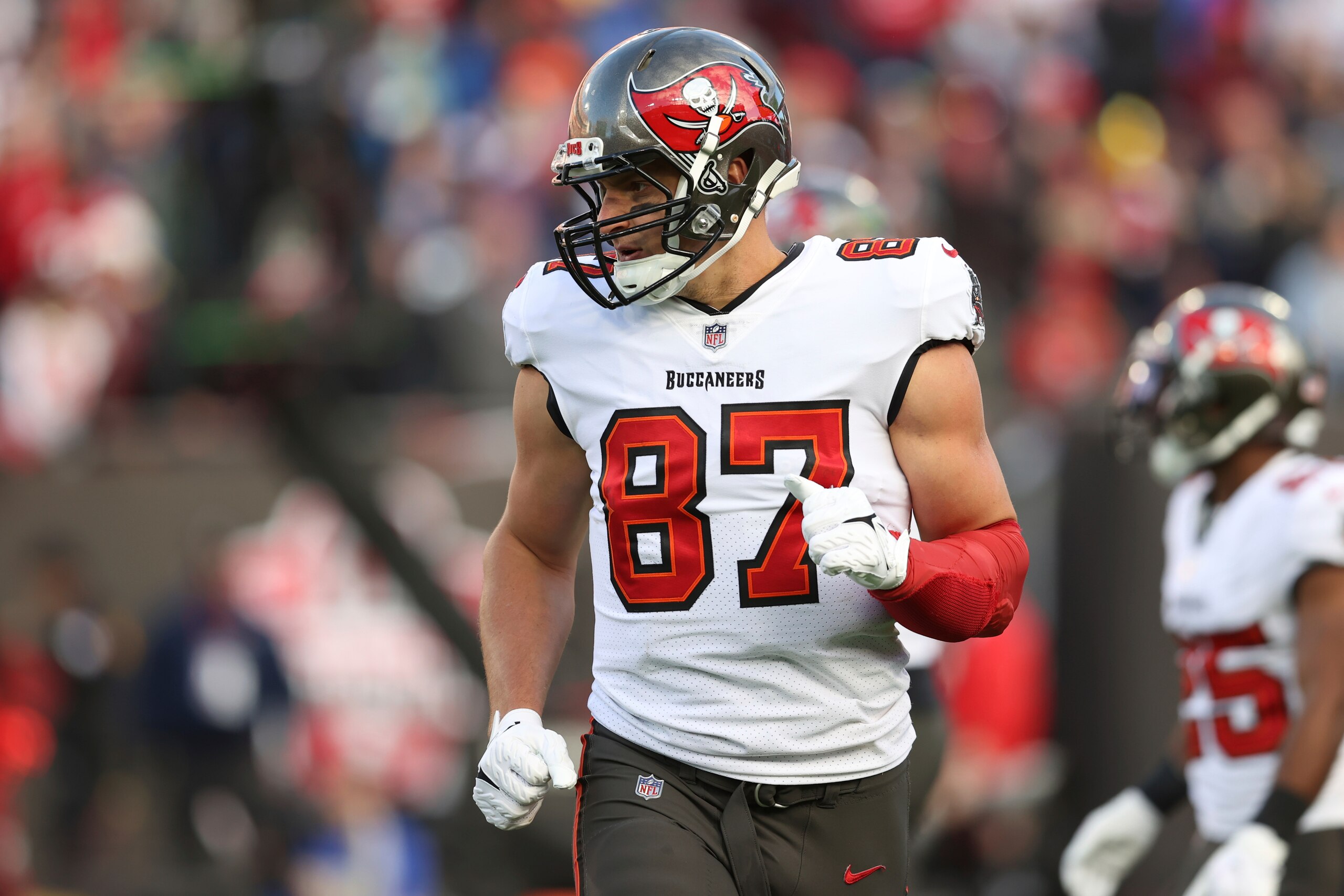 Tampa Bay Buccaneers tight end Rob Gronkowski (87) during the second half of an NFL divisional round playoff football game against the Los Angeles Rams Sunday, Jan. 23, 2022, in Tampa, Fla. (AP Photo/Mark LoMoglio)