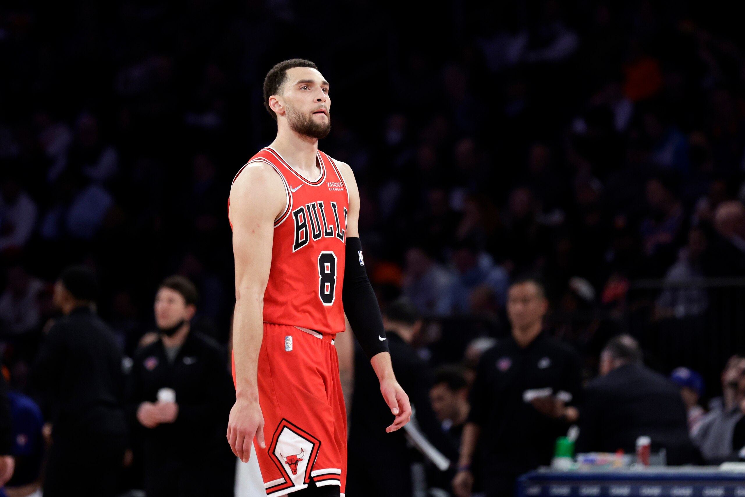 Chicago Bulls guard Zach LaVine (8) reacts against the New York Knicks during the first half of an NBA basketball game Monday, March 28, 2022, in New York. (AP Photo/Adam Hunger)