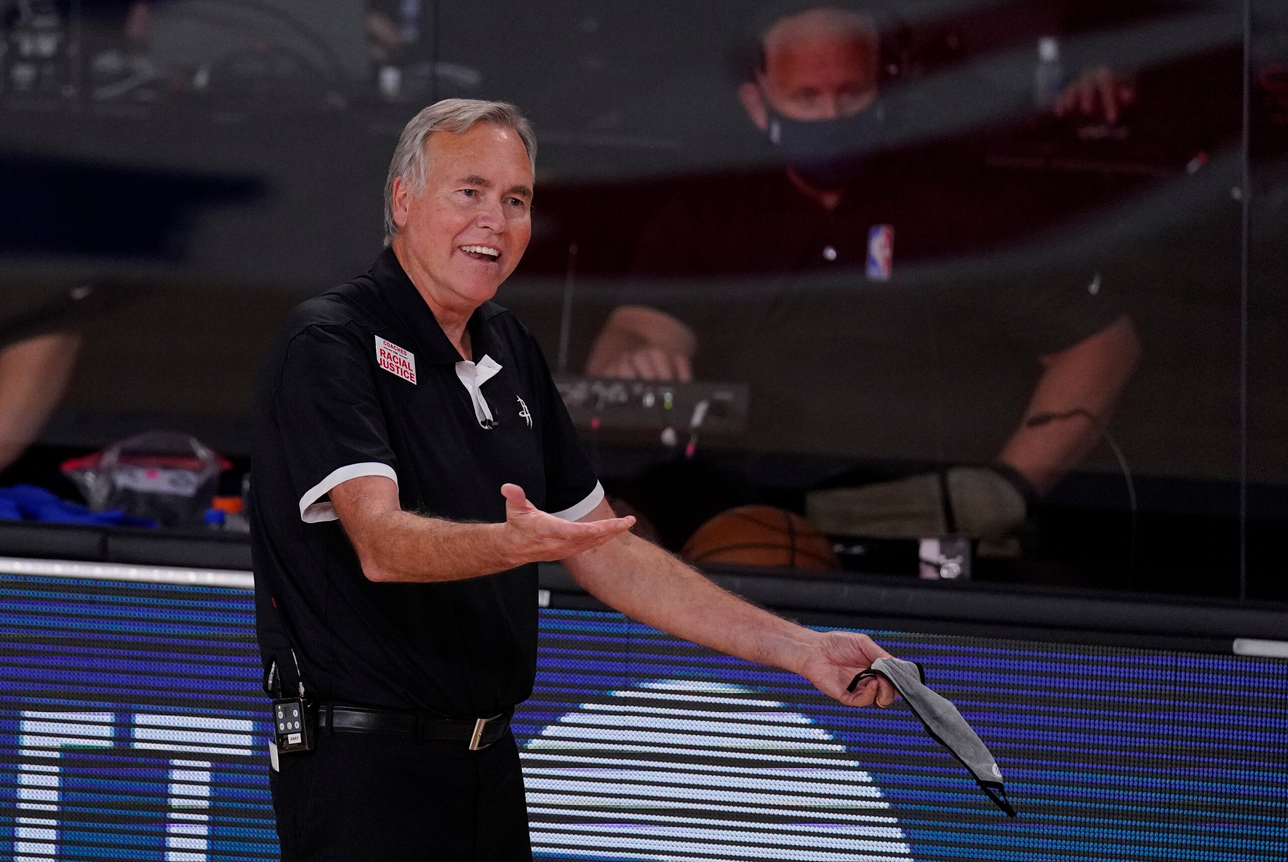 Houston Rockets head coach Mike D'Antoni reacts to a call during the second half of an NBA conference semifinal playoff basketball game against the Los Angeles Lakers Friday, Sept. 4, 2020, in Lake Buena Vista, Fla. (AP Photo/Mark J. Terrill)