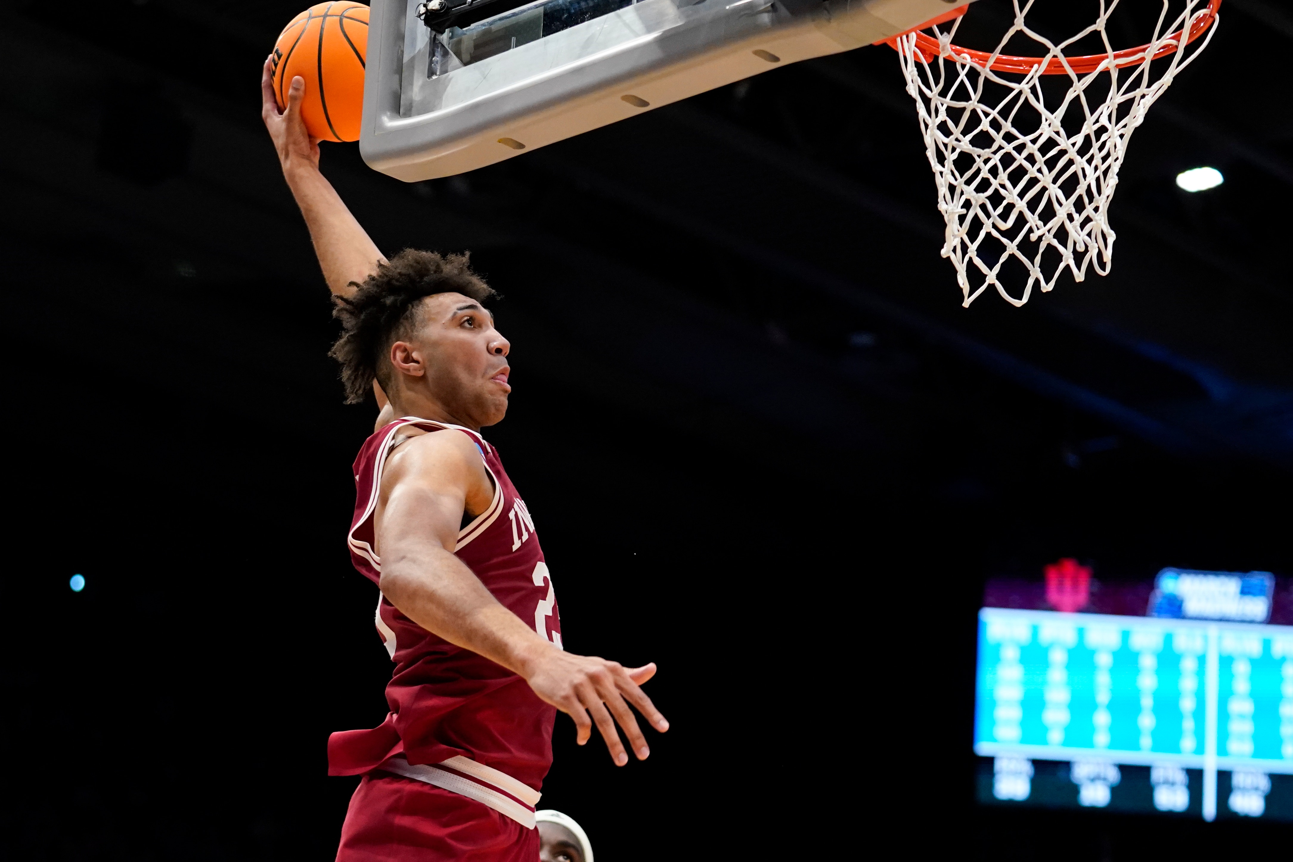 Indiana forward Trayce Jackson-Davis (23) dunks during the second half of a First Four game in the NCAA men's college basketball tournament against Wyoming, Tuesday, March 15, 2022, in Dayton, Ohio. (AP Photo/Jeff Dean)