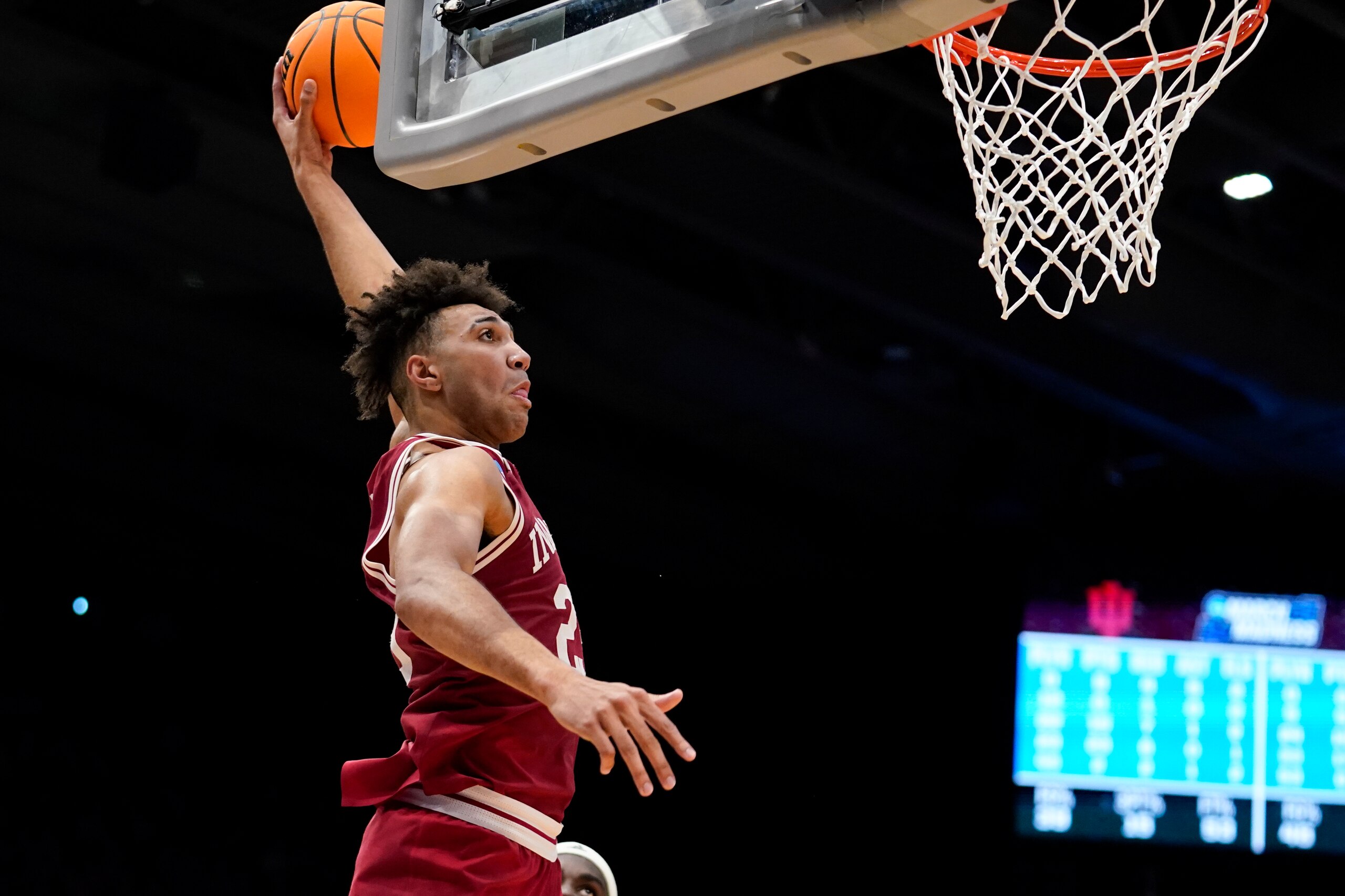 Indiana forward Trayce Jackson-Davis (23) dunks during the second half of a First Four game in the NCAA men's college basketball tournament against Wyoming, Tuesday, March 15, 2022, in Dayton, Ohio. (AP Photo/Jeff Dean) Indiana forward Trayce Jackson-Davis (23) dunks during the second half of a First Four game in the NCAA men's college basketball tournament against Wyoming, Tuesday, March 15, 2022, in Dayton, Ohio. (AP Photo/Jeff Dean)