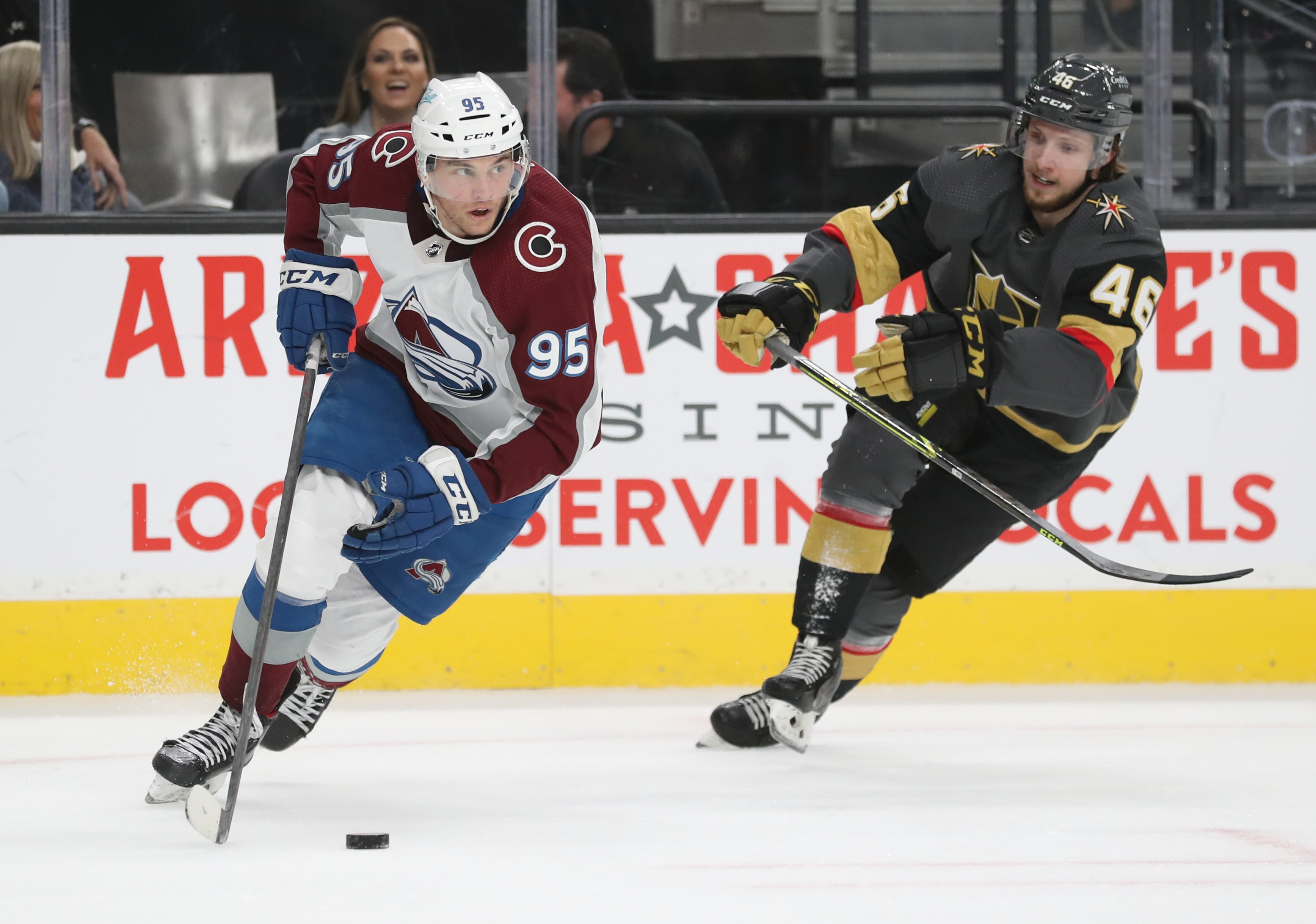 LAS VEGAS, NEVADA - FEBRUARY 26: Andre Burakovsky #95 of the Colorado Avalanche skates during the second period against the Vegas Golden Knights at T-Mobile Arena on February 26, 2022 in Las Vegas, Nevada. (Photo by Zak Krill/NHLI via Getty Images)