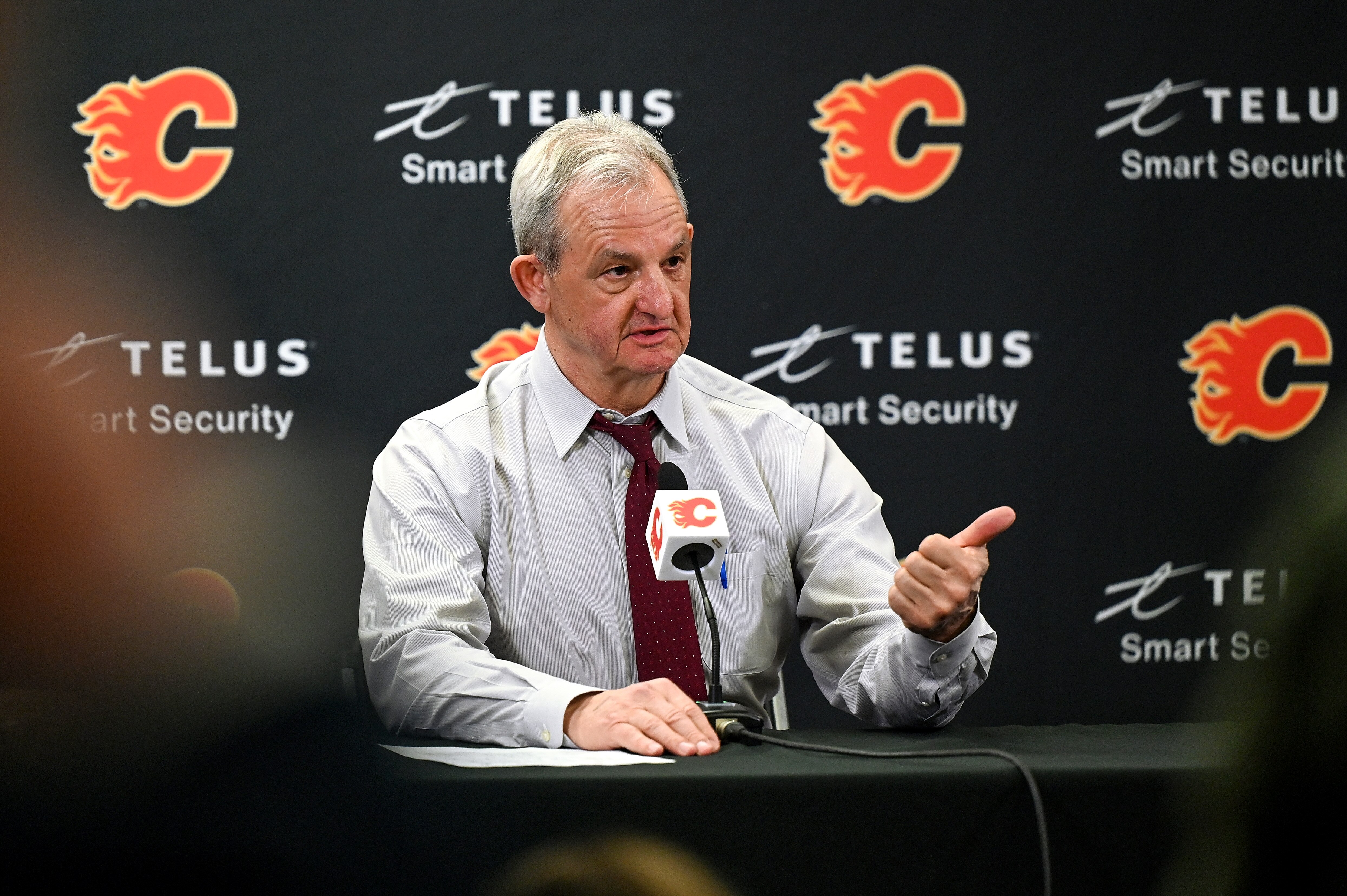 CALGARY, AB - MARCH 29: Calgary Flames head coach Darryl Sutter speaks to media after his teams 2-1 loss to the Colorado Avalanche on March 29, 2022, at the Scotiabank Saddledome in Calgary, AB. (Photo by Brett Holmes/Icon Sportswire via Getty Images)