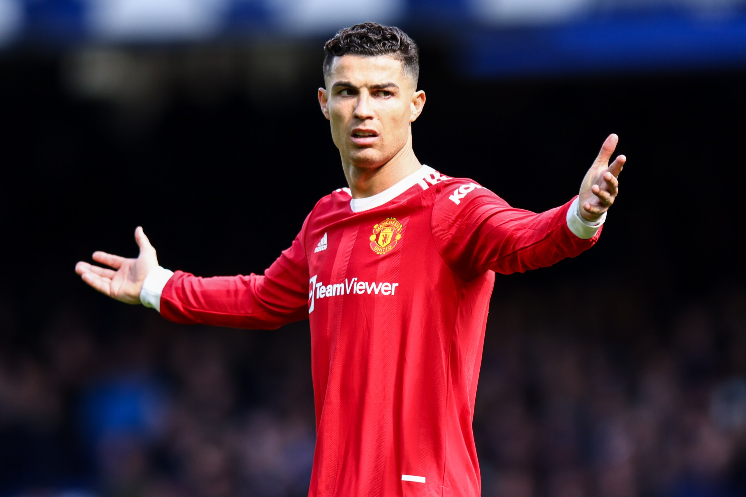 LIVERPOOL, ENGLAND - APRIL 09: Cristiano Ronaldo of Manchester United reacts during the Premier League match between Everton and Manchester United at Goodison Park on April 9, 2022 in Liverpool, United Kingdom. (Photo by Robbie Jay Barratt - AMA/Getty Images)