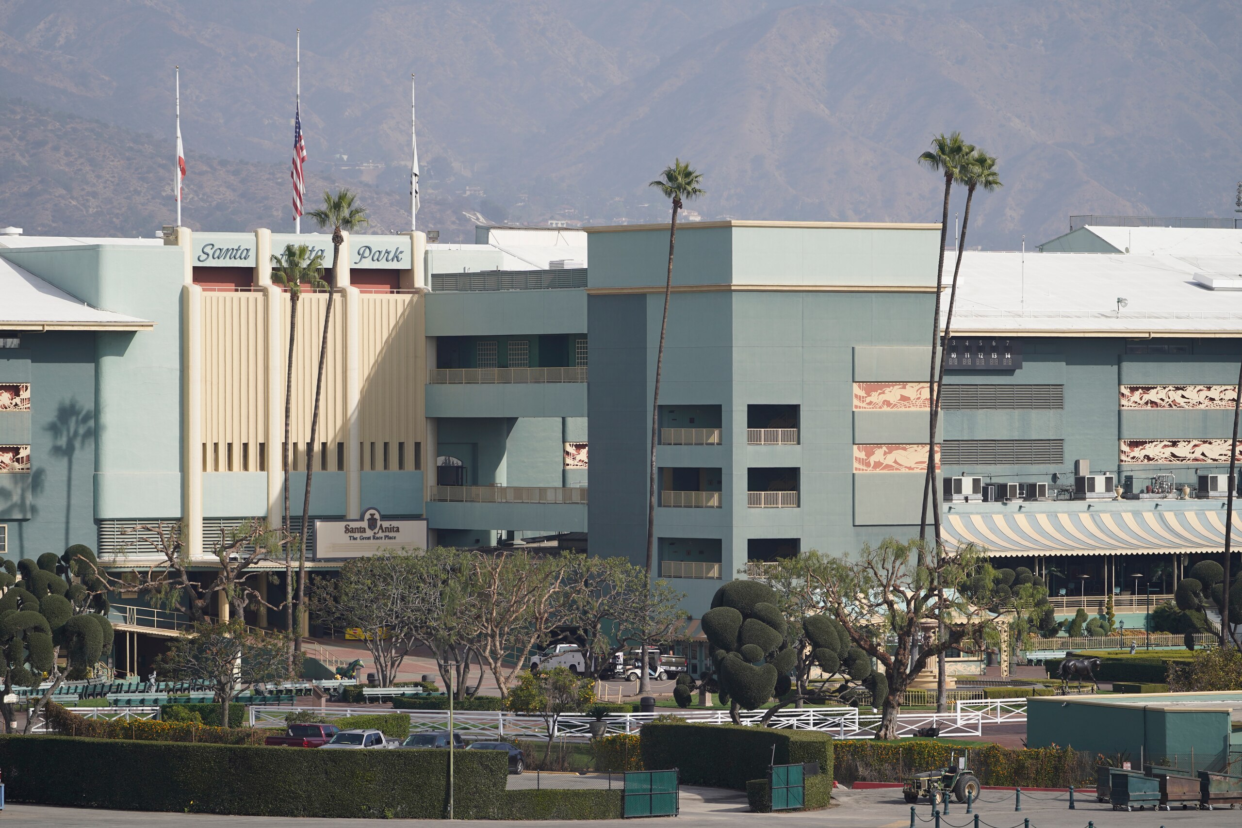 The exterior of Santa Anita Park is seen in Arcadia, Calif., Monday, Dec. 6, 2021. Medina Spirit, a 3-year-old colt whose Kentucky Derby victory in May came under scrutiny because of a positive drug test, collapsed and died after a workout Monday at Santa Anita Park in Southern California. (AP Photo./Damian Dovarganes)