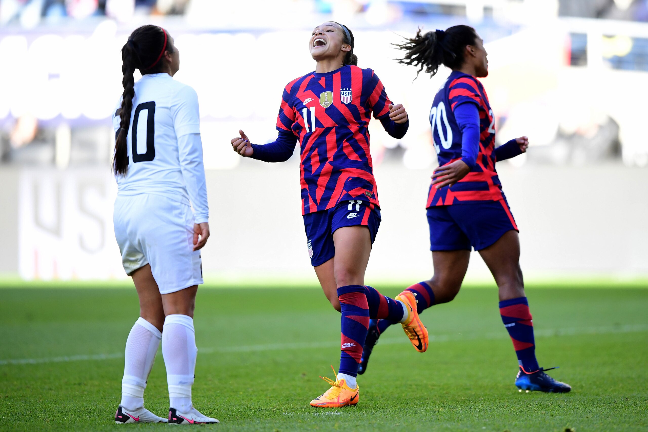 COLUMBUS, OHIO - APRIL 09: Sophia Smith #11 of the United States celebrates her goal during the first half of an International Friendly against Uzbekistan at Lower.com Field on April 09, 2022 in Columbus, Ohio. (Photo by Emilee Chinn/Getty Images)