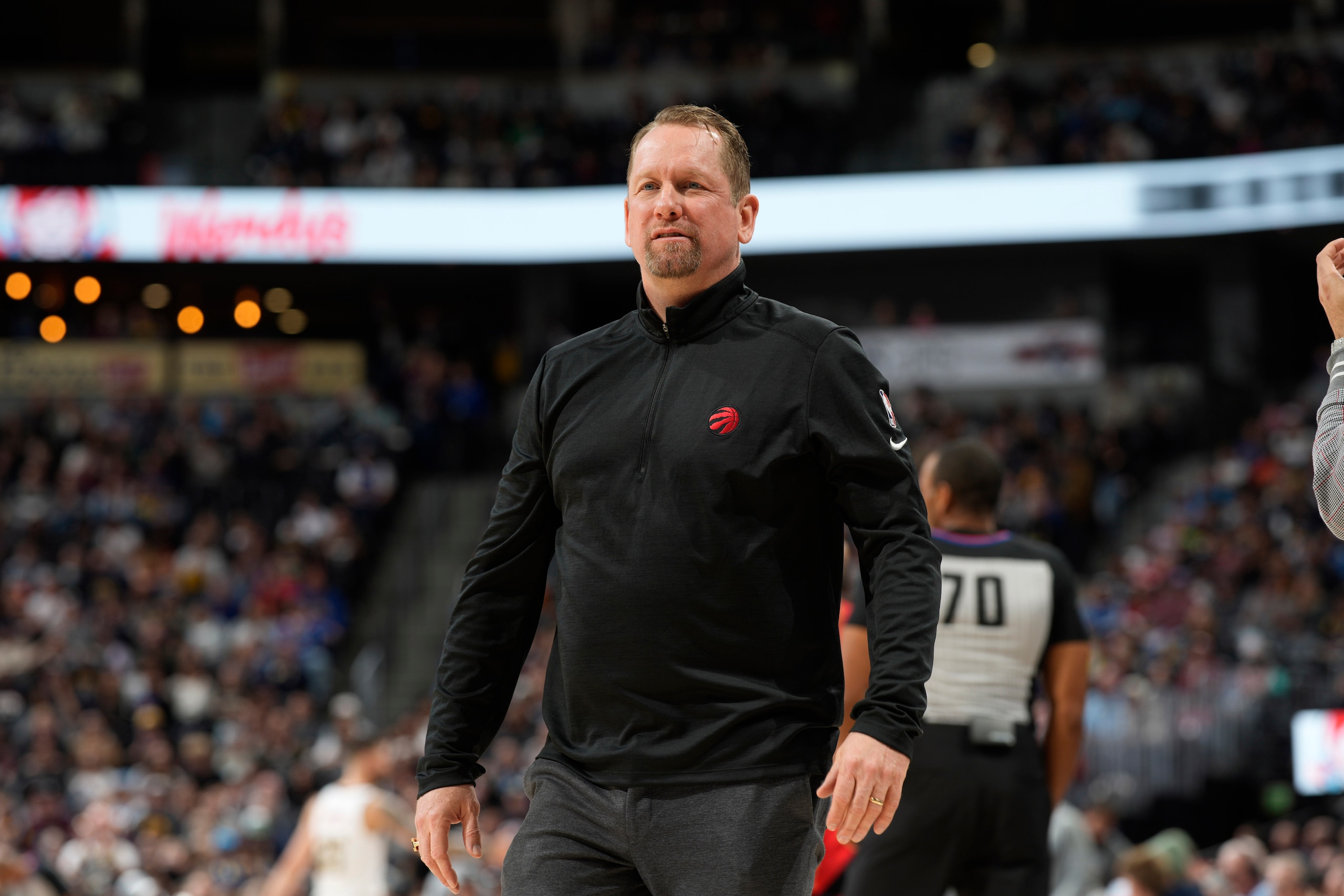 Toronto Raptors head coach Nick Nurse () in the first half of an NBA basketball game Saturday, March 12, 2022, in Denver. (AP Photo/David Zalubowski)