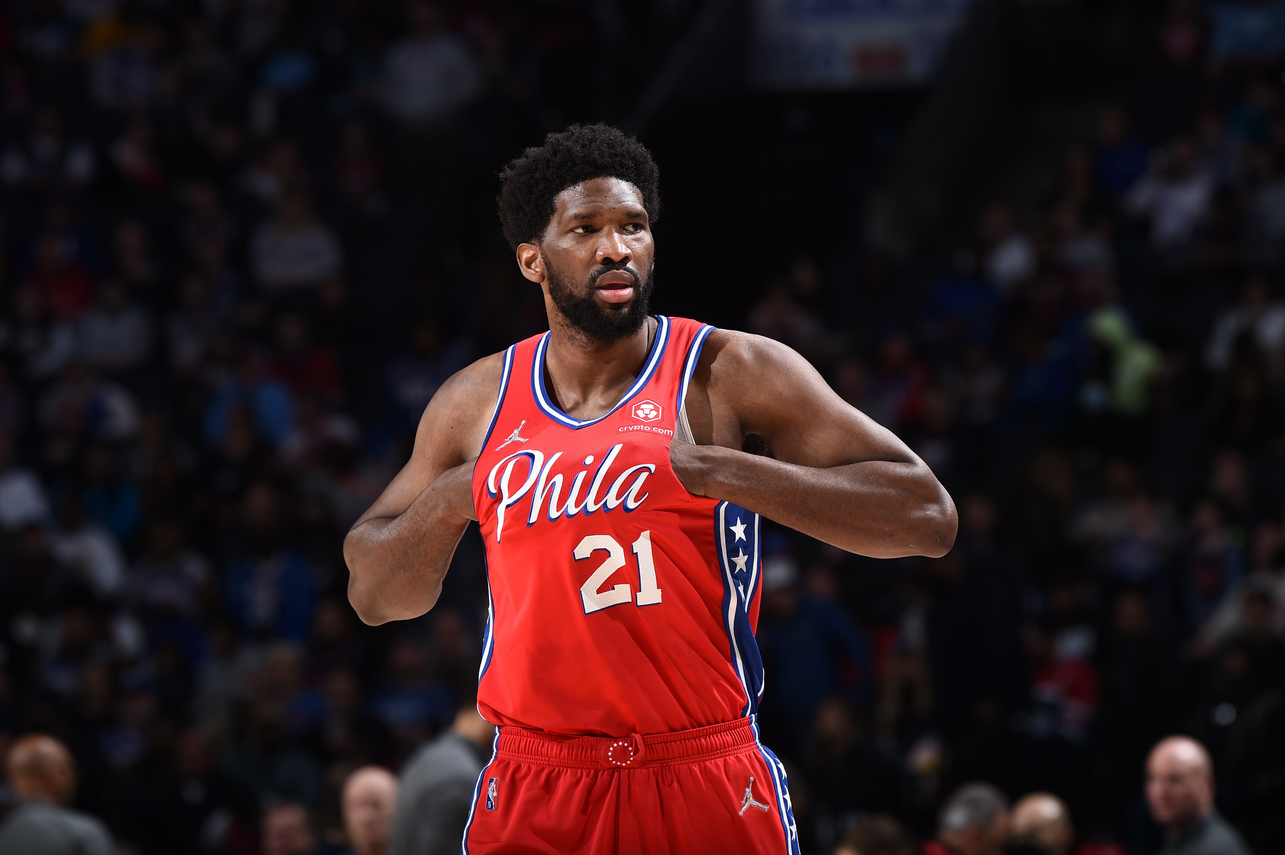 PHILADELPHIA, PA - APRIL 9: Joel Embiid #21 of the Philadelphia 76ers looks on during the game against the Indiana Pacers on April 9, 2022 at the Wells Fargo Center in Philadelphia, Pennsylvania NOTE TO USER: User expressly acknowledges and agrees that, by downloading and/or using this Photograph, user is consenting to the terms and conditions of the Getty Images License Agreement. Mandatory Copyright Notice: Copyright 2022 NBAE (Photo by David Dow/NBAE via Getty Images)
