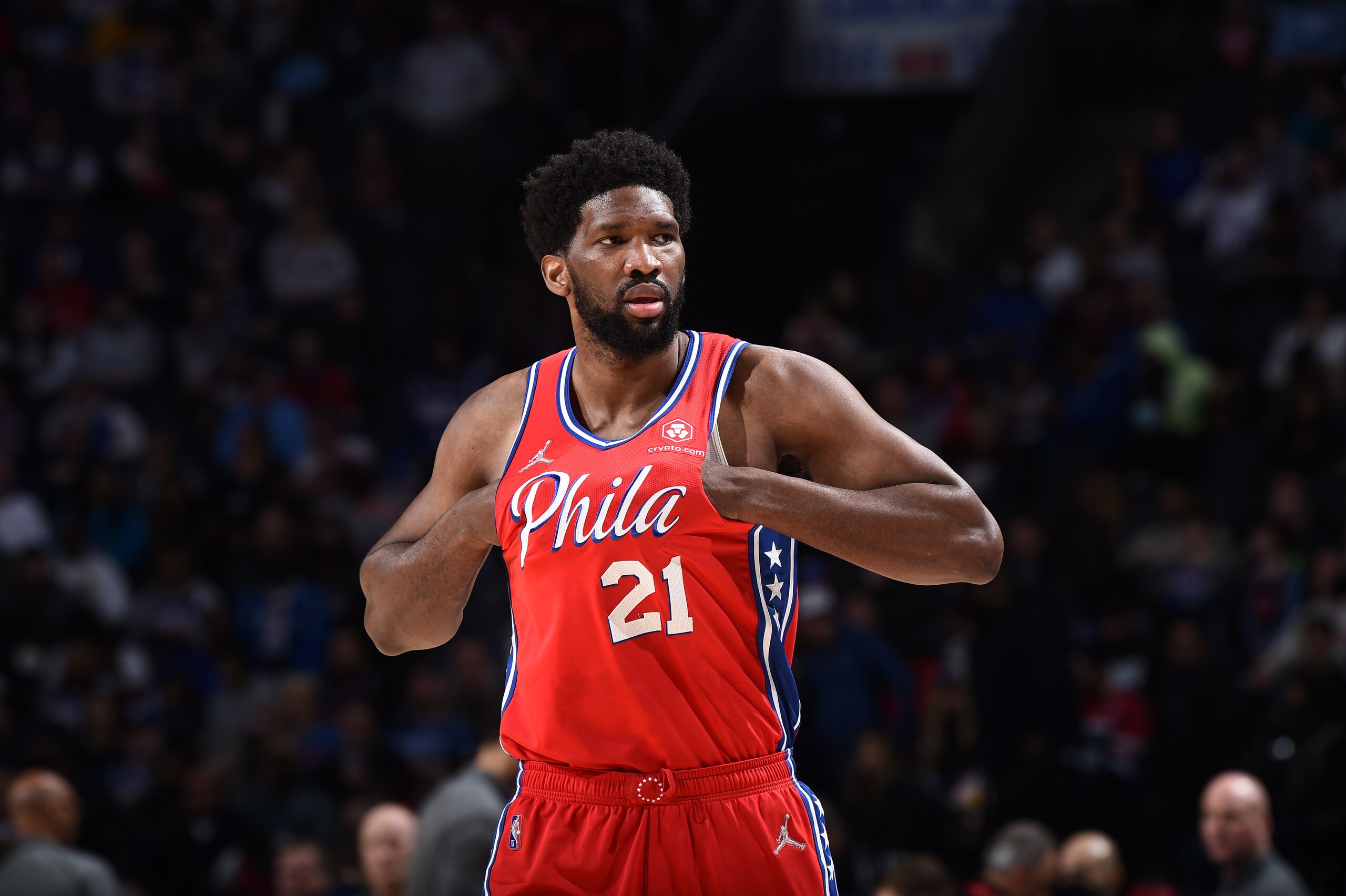 PHILADELPHIA, PA - APRIL 9: Joel Embiid #21 of the Philadelphia 76ers looks on during the game against the Indiana Pacers on April 9, 2022 at the Wells Fargo Center in Philadelphia, Pennsylvania NOTE TO USER: User expressly acknowledges and agrees that, by downloading and/or using this Photograph, user is consenting to the terms and conditions of the Getty Images License Agreement. Mandatory Copyright Notice: Copyright 2022 NBAE (Photo by David Dow/NBAE via Getty Images)