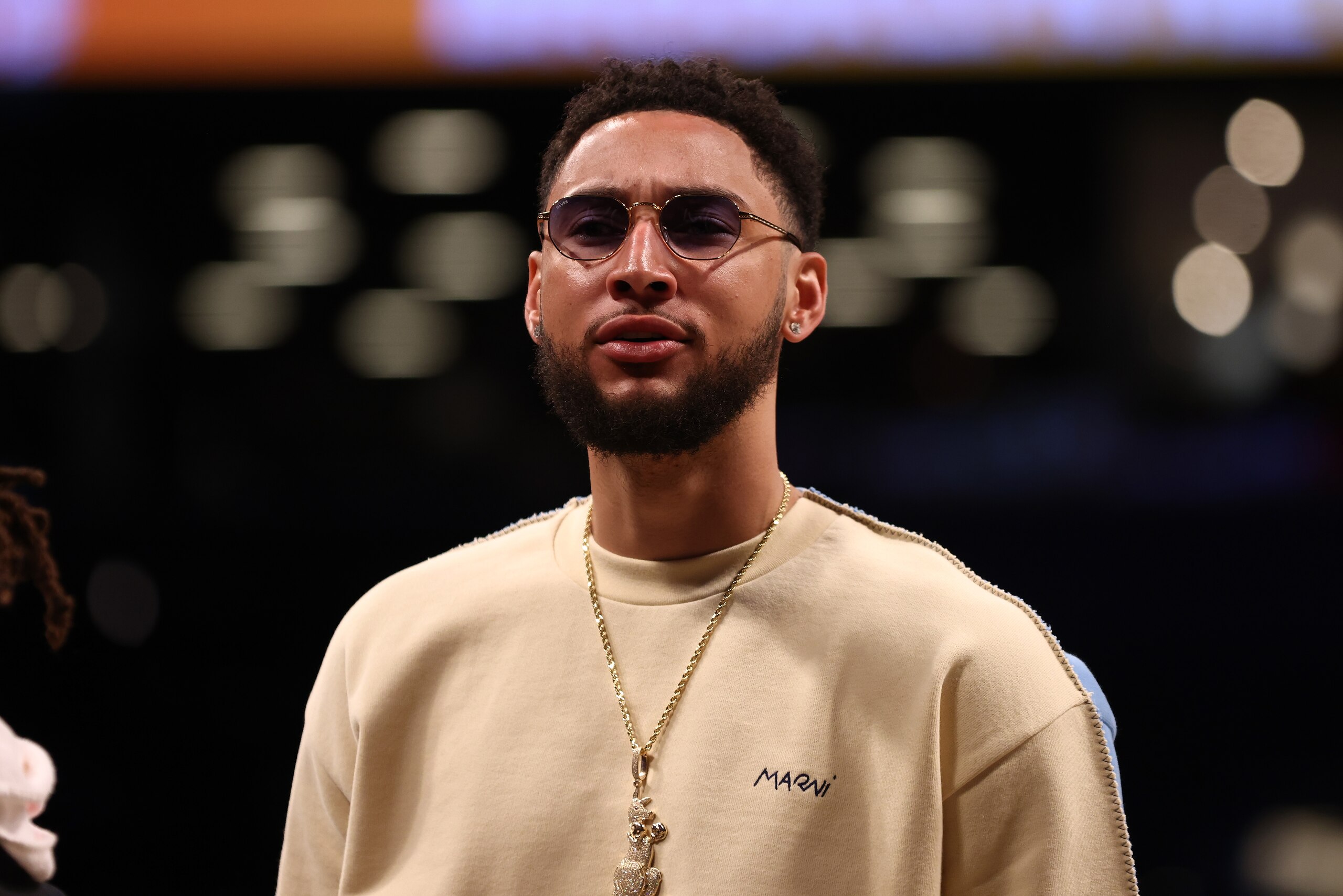 NEW YORK, NEW YORK - MARCH 29: Ben Simmons #10 of the Brooklyn Nets looks on from the bench against the Detroit Pistons at Barclays Center on March 29, 2022 in New York City. NOTE TO USER: User expressly acknowledges and agrees that, by downloading and or using this photograph, User is consenting to the terms and conditions of the Getty Images License Agreement. Brooklyn Nets defeated the Detroit Pistons 130-123. (Photo by Mike Stobe/Getty Images) NEW YORK, NEW YORK - MARCH 29: Ben Simmons #10 of the Brooklyn Nets looks on from the bench against the Detroit Pistons at Barclays Center on March 29, 2022 in New York City. NOTE TO USER: User expressly acknowledges and agrees that, by downloading and or using this photograph, User is consenting to the terms and conditions of the Getty Images License Agreement. Brooklyn Nets defeated the Detroit Pistons 130-123. (Photo by Mike Stobe/Getty Images)