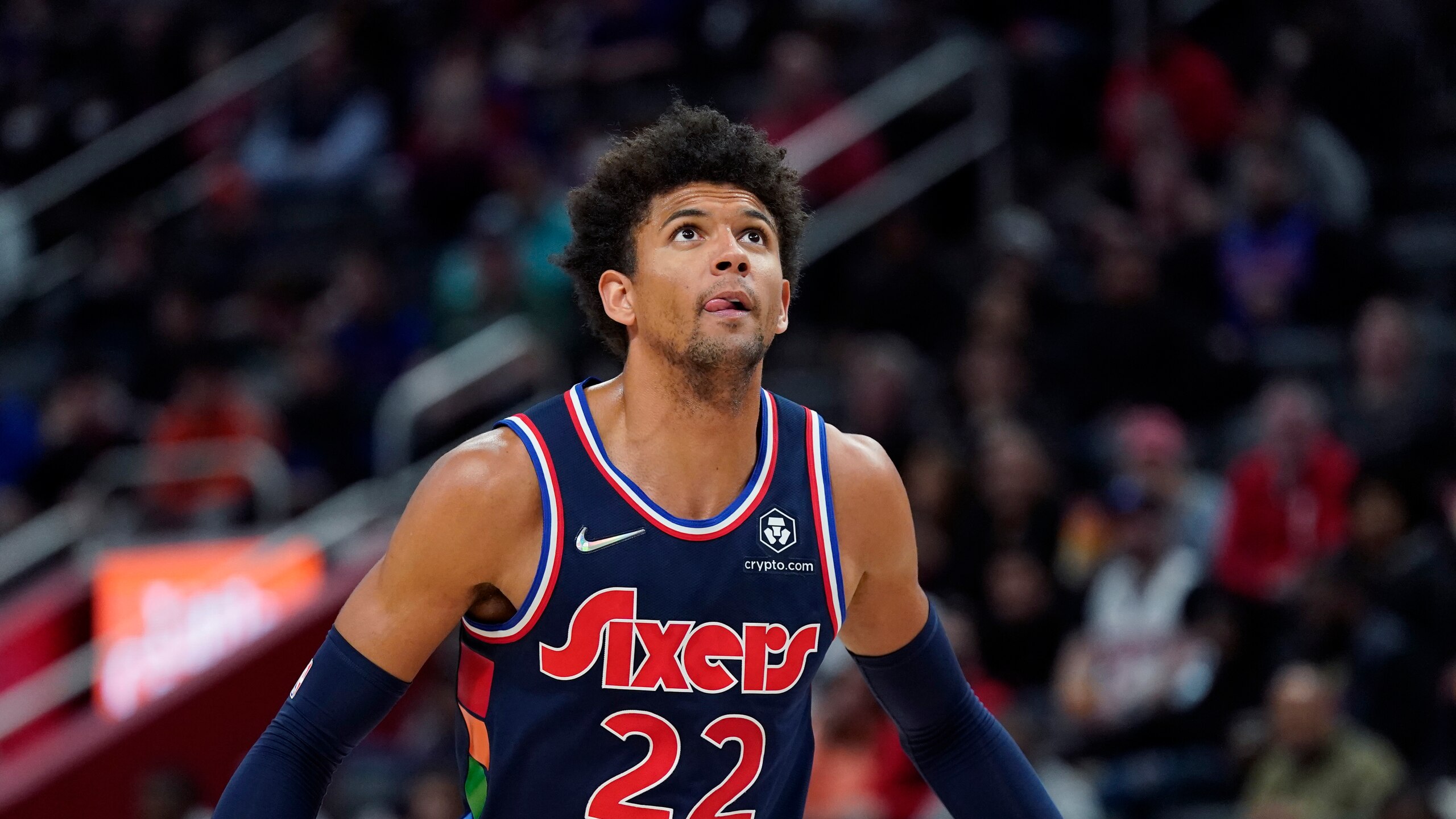 Philadelphia 76ers guard Matisse Thybulle plays during the second half of an NBA basketball game, Thursday, March 31, 2022, in Detroit. (AP Photo/Carlos Osorio)
