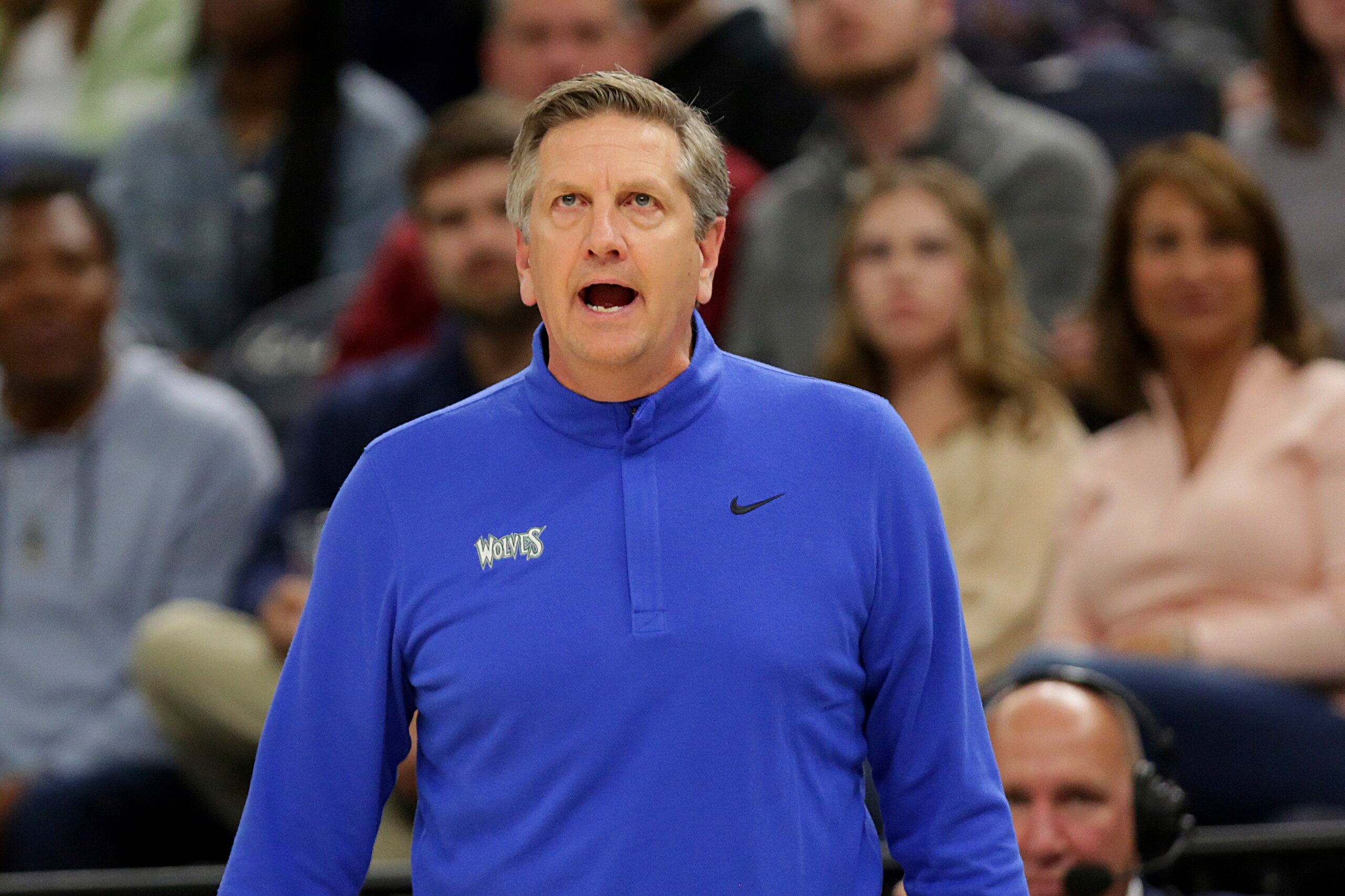 Minnesota Timberwolves head coach Chris Finch yells in the first half during an NBA basketball game against the San Antonio Spurs Thursday, April 7, 2022, in Minneapolis.(AP Photo/Andy Clayton-King)