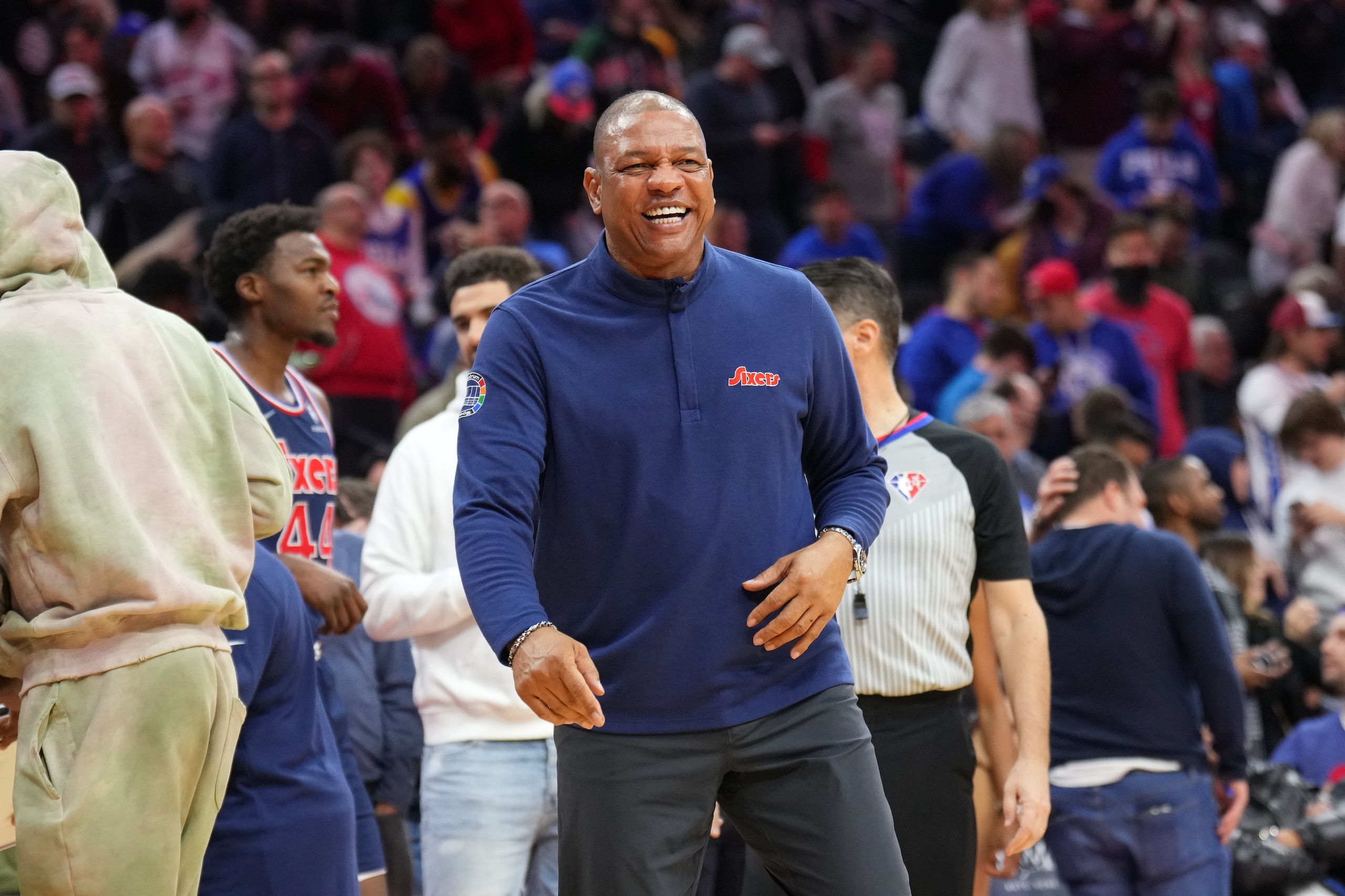 PHILADELPHIA, PA - APRIL 10: Head Coach Doc Rivers of the Philadelphia 76ers smiles during a game between the Detroit Pistons and the Philadelphia 76ers on April 10, 2022 at Wells Fargo Center in Philadelphia, Pennsylvania. NOTE TO USER: User expressly acknowledges and agrees that, by downloading and/or using this Photograph, user is consenting to the terms and conditions of the Getty Images License Agreement. Mandatory Copyright Notice: Copyright 2022 NBAE (Photo by Jesse D. Garrabrant/NBAE via Getty Images) PHILADELPHIA, PA - APRIL 10: Head Coach Doc Rivers of the Philadelphia 76ers smiles during a game between the Detroit Pistons and the Philadelphia 76ers on April 10, 2022 at Wells Fargo Center in Philadelphia, Pennsylvania. NOTE TO USER: User expressly acknowledges and agrees that, by downloading and/or using this Photograph, user is consenting to the terms and conditions of the Getty Images License Agreement. Mandatory Copyright Notice: Copyright 2022 NBAE (Photo by Jesse D. Garrabrant/NBAE via Getty Images)