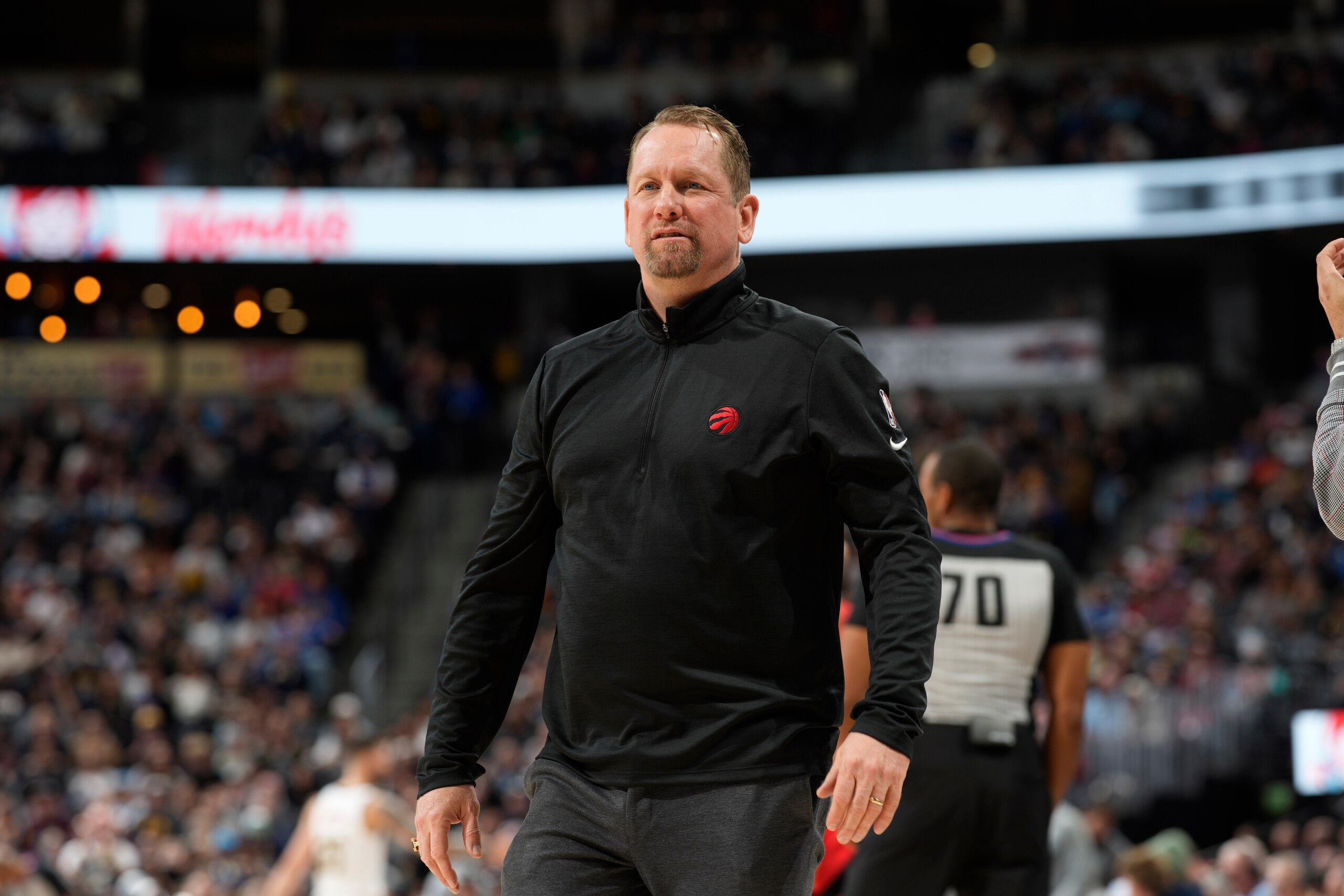 Toronto Raptors head coach Nick Nurse () in the first half of an NBA basketball game Saturday, March 12, 2022, in Denver. (AP Photo/David Zalubowski)