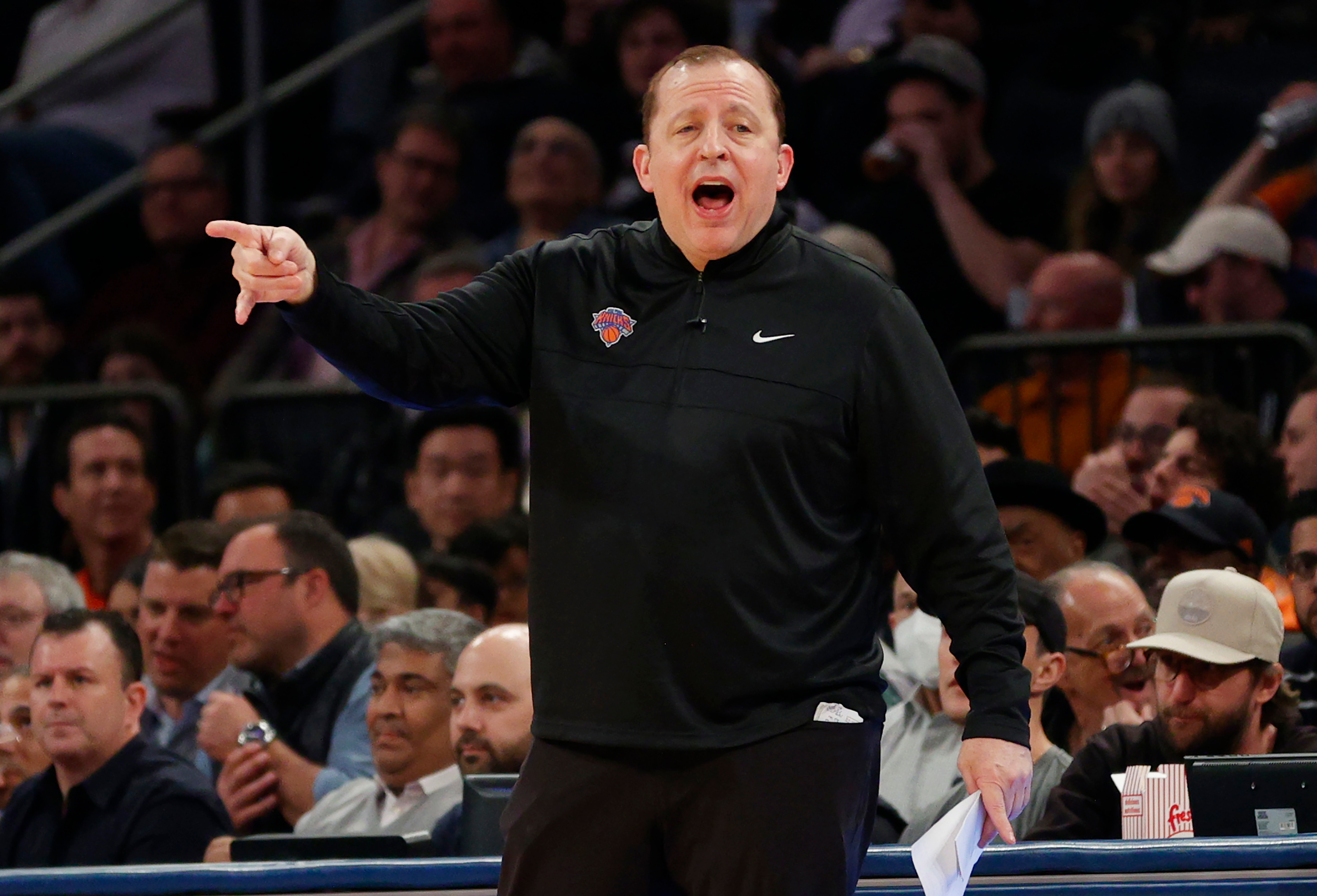 NEW YORK, NEW YORK - APRIL 06: Head coach Tom Thibodeau of the New York Knicks reacts during the first half against the Brooklyn Nets at Madison Square Garden on April 06, 2022 in New York City. NOTE TO USER: User expressly acknowledges and agrees that, by downloading and or using this photograph, User is consenting to the terms and conditions of the Getty Images License Agreement.  (Photo by Sarah Stier/Getty Images)