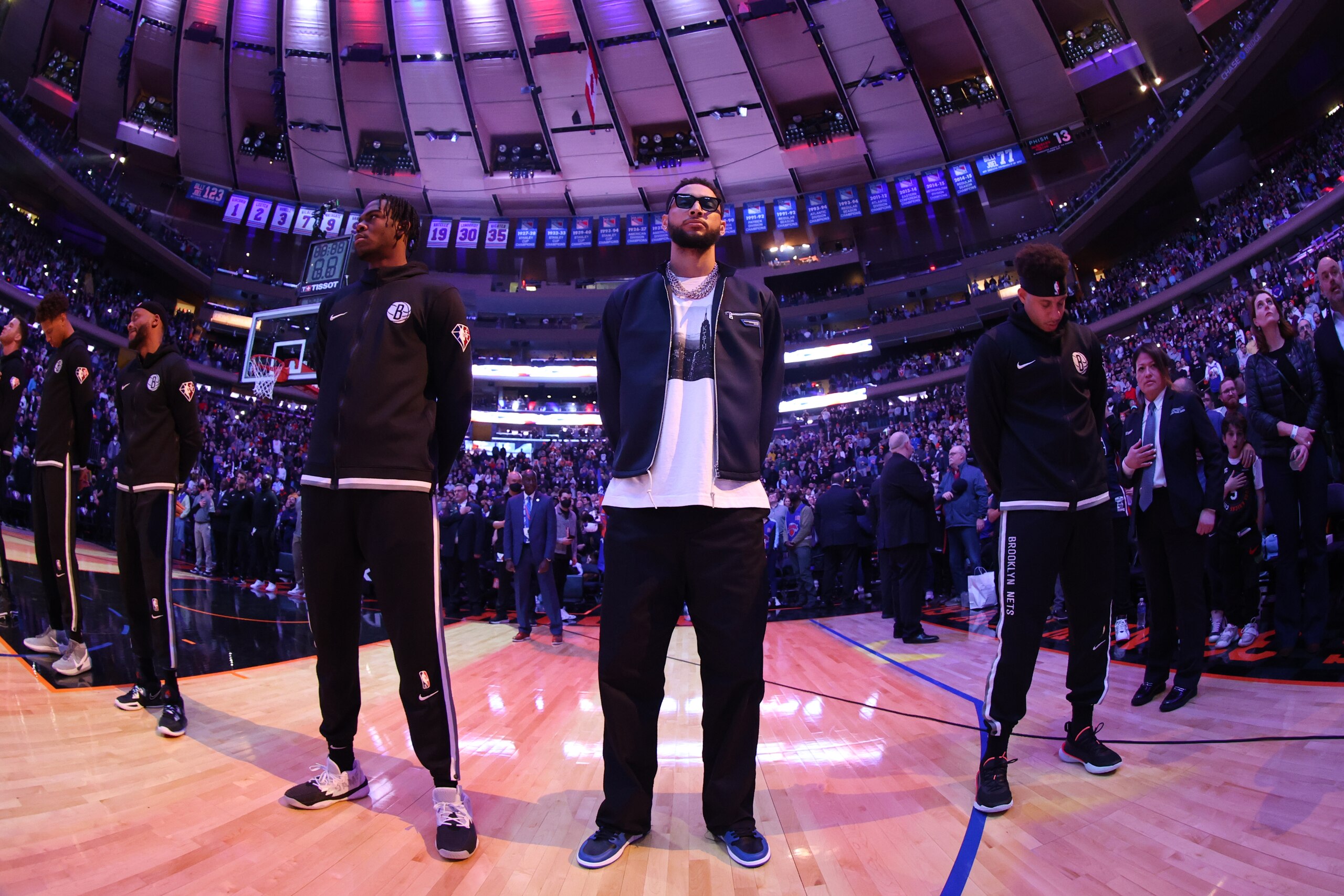 NEW YORK, NY - APRIL 6: (EDITORS NOTE: This image was created with a fisheye lens.) Ben Simmons #10 of the Brooklyn Nets looks on before the game against the New York Knicks on April 6, 2022 at Madison Square Garden in New York City, New York.  NOTE TO USER: User expressly acknowledges and agrees that, by downloading and or using this photograph, User is consenting to the terms and conditions of the Getty Images License Agreement. Mandatory Copyright Notice: Copyright 2022 NBAE  (Photo by Nathaniel S. Butler/NBAE via Getty Images)