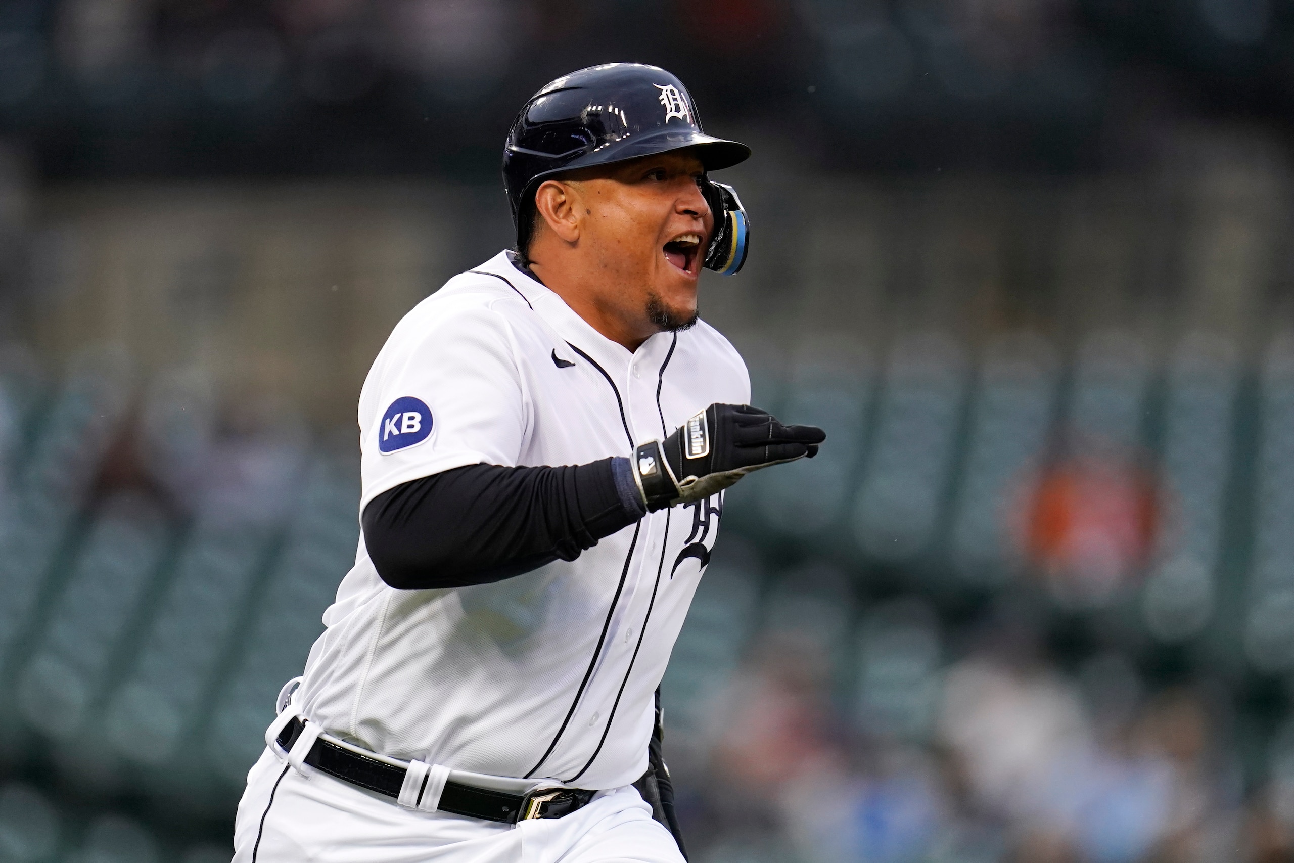 Detroit Tigers' Miguel Cabrera reacts to hitting a double against the Boston Red Sox in the sixth inning of a baseball game in Detroit, Monday, April 11, 2022. (AP Photo/Paul Sancya)
