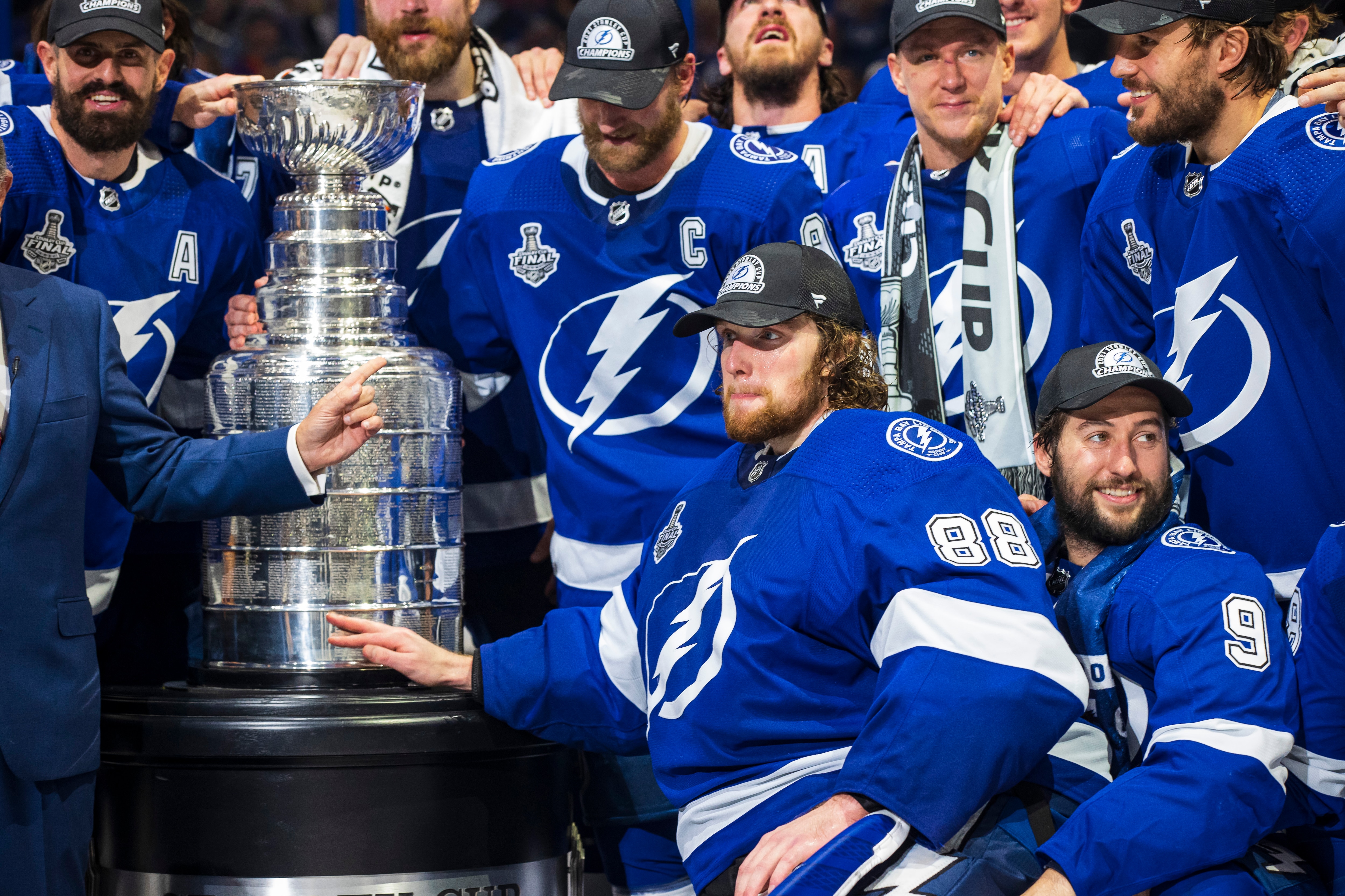 TAMPA, FL - JULY 7: Goalie Andrei Vasilevskiy #88 of the Tampa Bay Lightning poses with the Stanley Cup after the Tampa Bay Lightning defeated the Montreal Canadiens in Game Five to win the best of seven game series 4-1 during the Stanley Cup Final of the 2021 Stanley Cup Playoffs at Amalie Arena on July 7, 2021 in Tampa, Florida. (Photo by Scott Audette/NHLI via Getty Images)