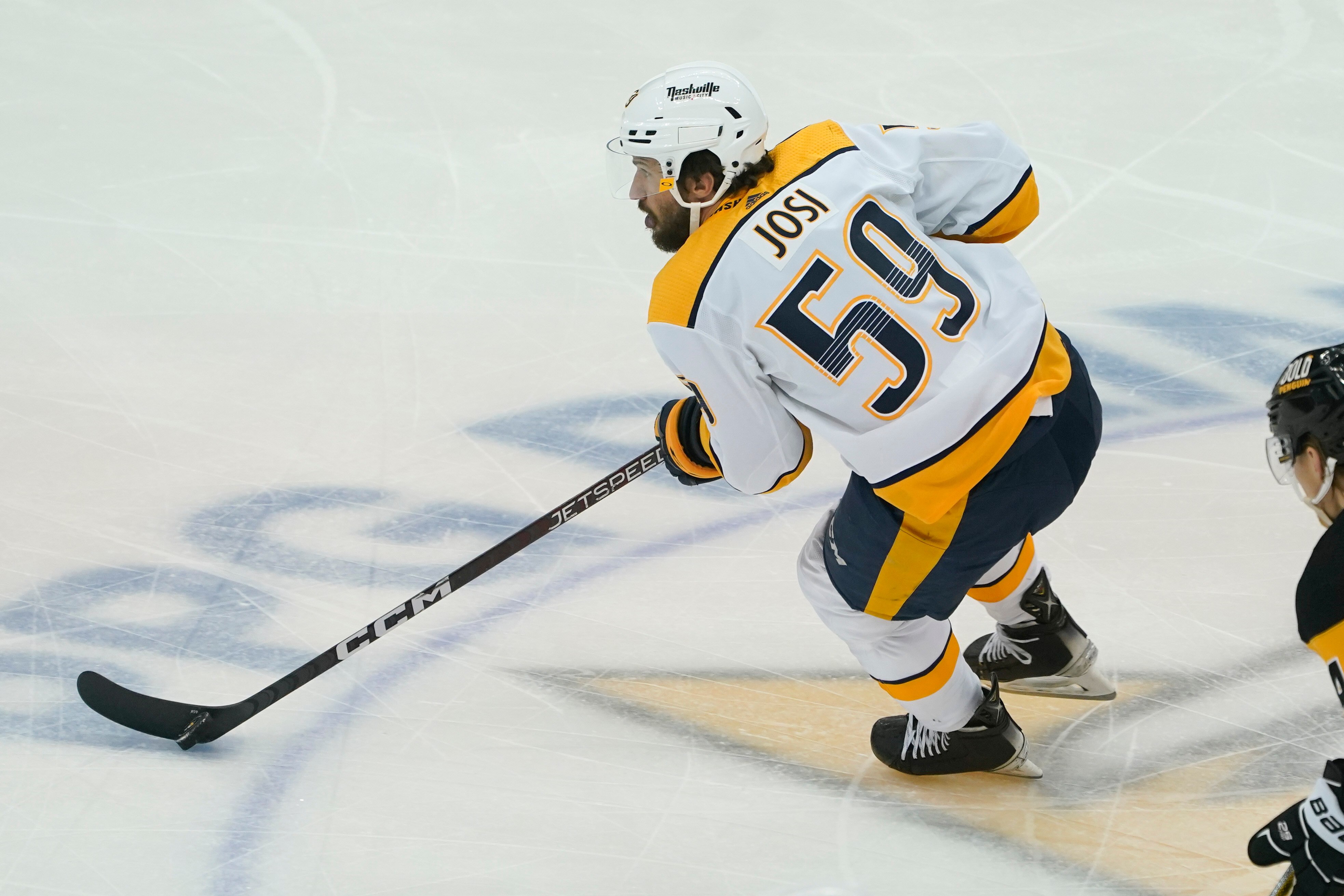 Nashville Predators' Roman Josi (59) plays against the Pittsburgh Penguins during the first period of an NHL hockey game, Sunday, April 10, 2022, in Pittsburgh. (AP Photo/Keith Srakocic)