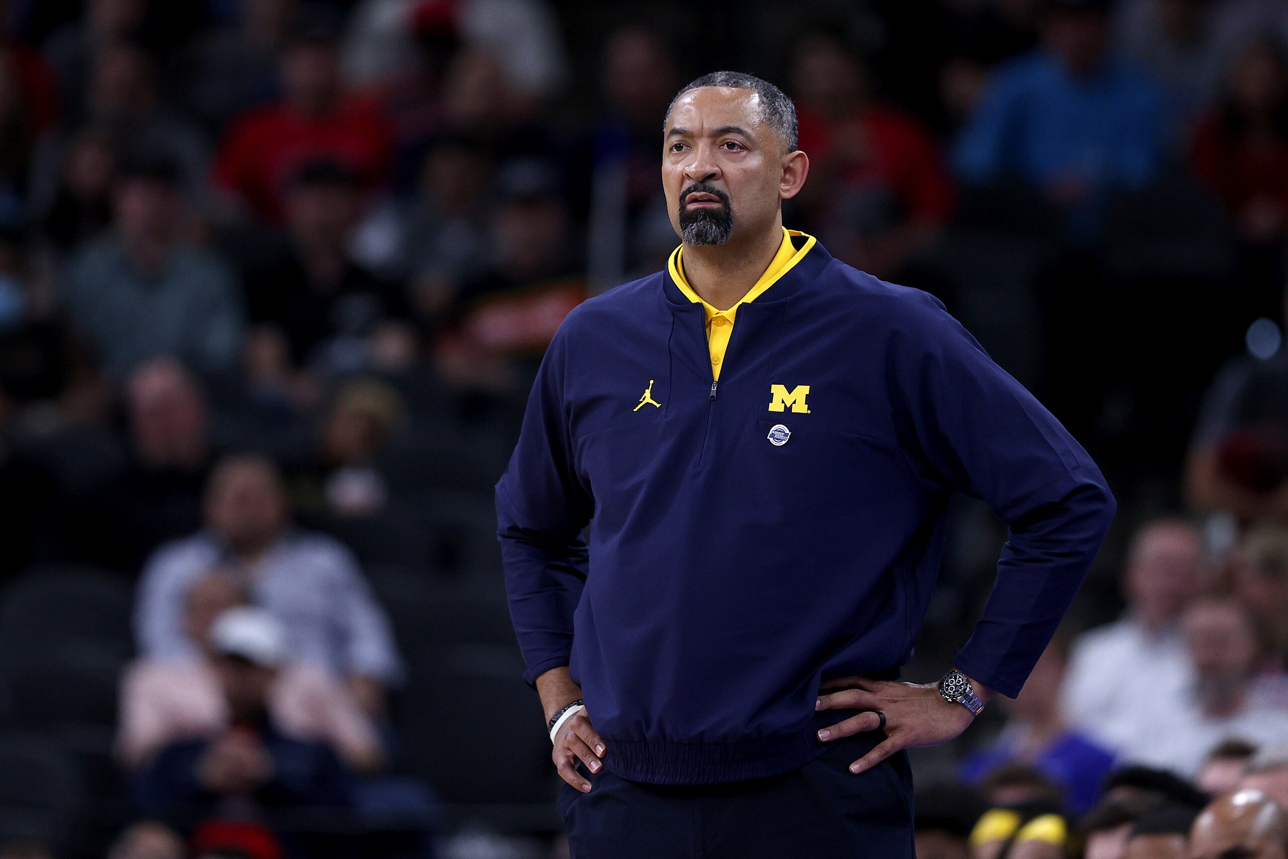 SAN ANTONIO, TEXAS - MARCH 24: Head coach Juwan Howard of the Michigan Wolverines looks on during the second half against the Villanova Wildcats of the NCAA Men's Basketball Tournament Sweet 16 Round at AT&T Center on March 24, 2022 in San Antonio, Texas. (Photo by Maddie Meyer/Getty Images)