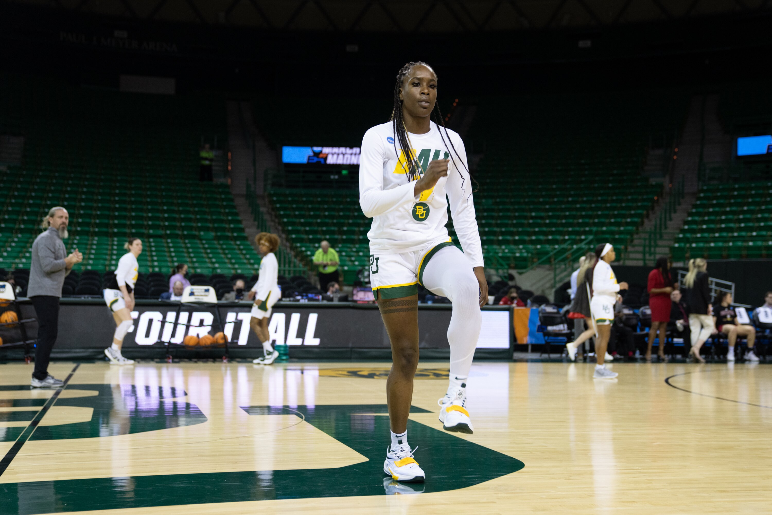 WACO, TX - MARCH 20: Queen Egbo #4 of the Baylor Bears warms up before the second round of the 2022 NCAA Women's Basketball Tournament against the South Dakota Coyotes held at the Ferrell Center on March 20, 2022 in Waco, Texas. (Photo by Darren Carroll/NCAA Photos via Getty Images)