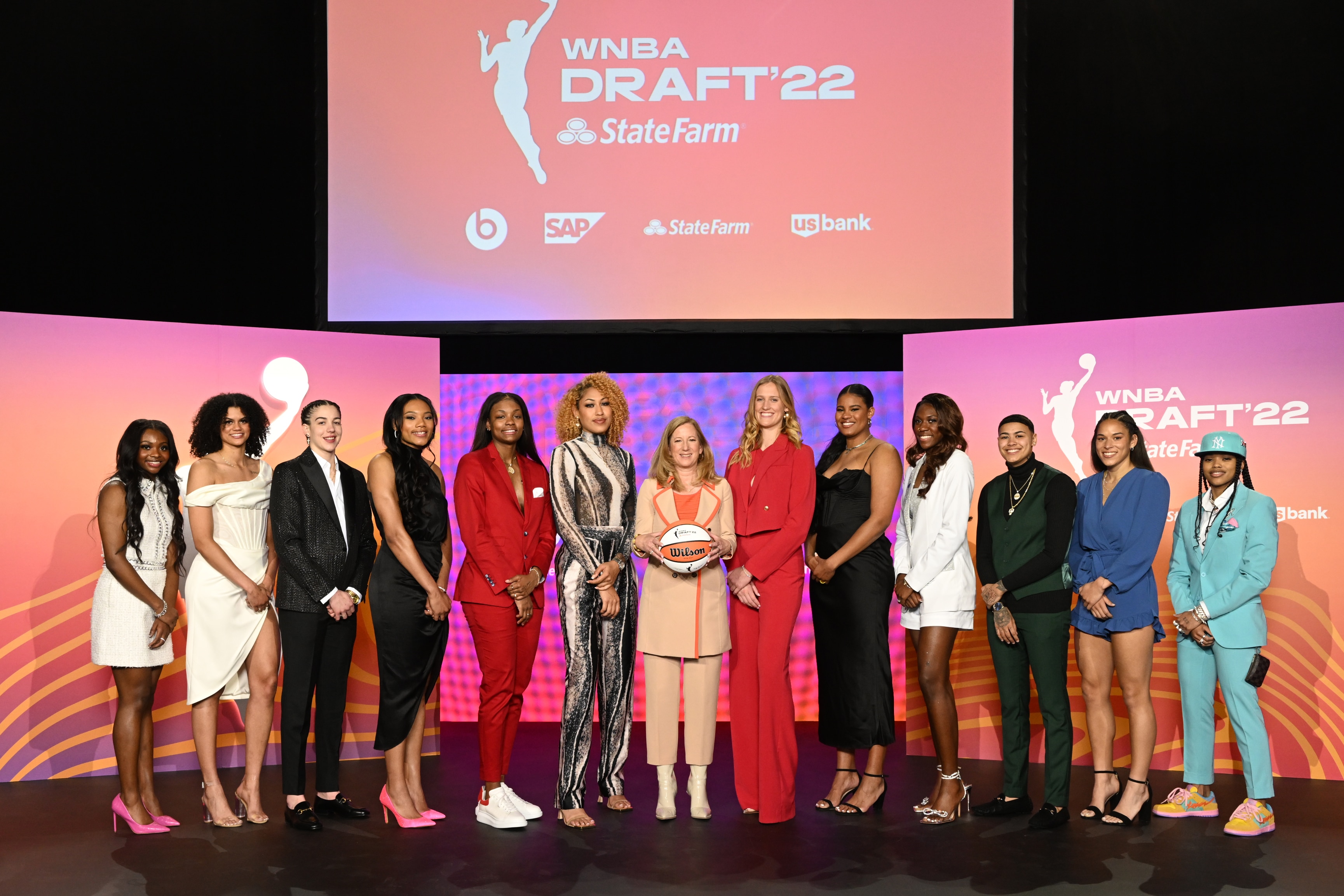 NEW YORK, NY - APRIL 11: WNBA Commissioner, Cathy Engelbert poses with Nia Clouden, Rae Burrell, Emily Engstler, Naz Hillmon, NaLyssa Smith, Shakira Austin, Elissa Cunane, Nyara Sabally, Rhyne Howard, Kierstan Bell, Veronica Burton and Destanni Henderson during the 2022 WNBA Draft on April 11, 2022 at Spring Studios in New York, New York. NOTE TO USER: User expressly acknowledges and agrees that, by downloading and or using this photograph, User is consenting to the terms and conditions of the Getty Images License Agreement. Mandatory Copyright Notice: Copyright 2022 NBAE (Photo by Jennifer Pottheiser/NBAE via Getty Images)